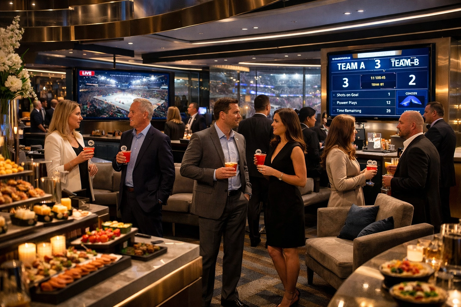 How to Transform Game Day Chaos Into Strategic Brand Wins: The Executive's Framework for Premium Sports Event Management VIP hospitality lounge at sports venue showcasing corporate entertainment and brand experience