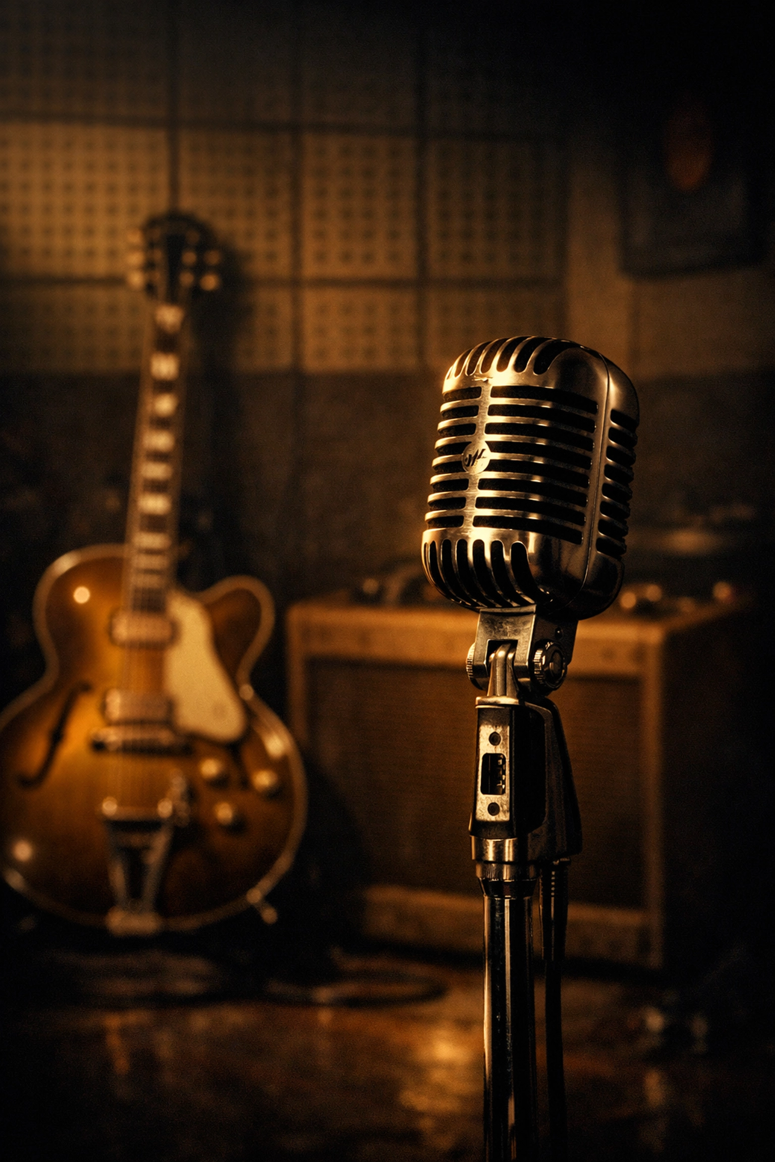 Vintage microphone and Gibson guitar in a dimly lit 1954 Sun Studio recording session.