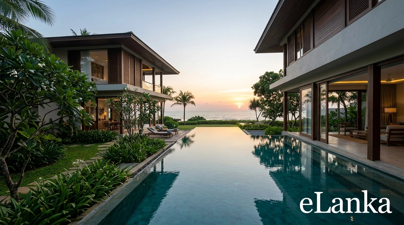 A high-quality, professional photograph of a luxury Sri Lankan coastal villa with modern architecture overlooking the Indian Ocean. In the bottom right corner, the text 