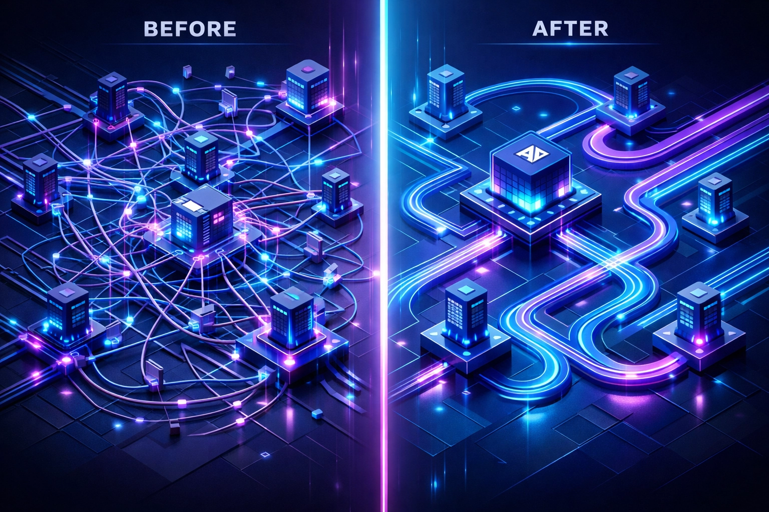 AI-powered ServiceNow ITOM automation showing network optimization before and after transformation