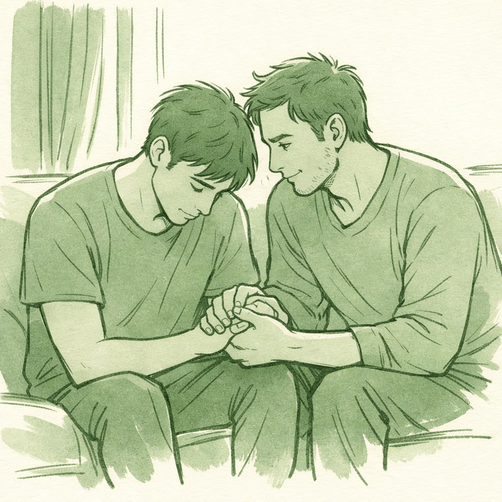 Two men sharing comforting moment on couch - emotional MM romance and partner support