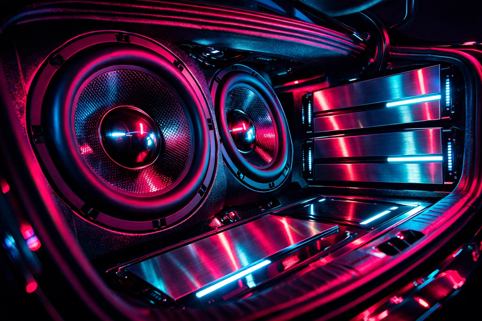 Professional car audio installation with custom subwoofers and amplifiers at Ultimate Sounds Chattanooga TN.