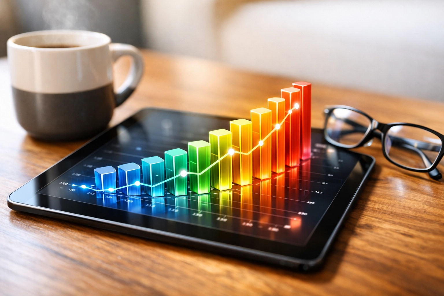 A tablet showing successful PPC growth charts and business performance data in a modern office.