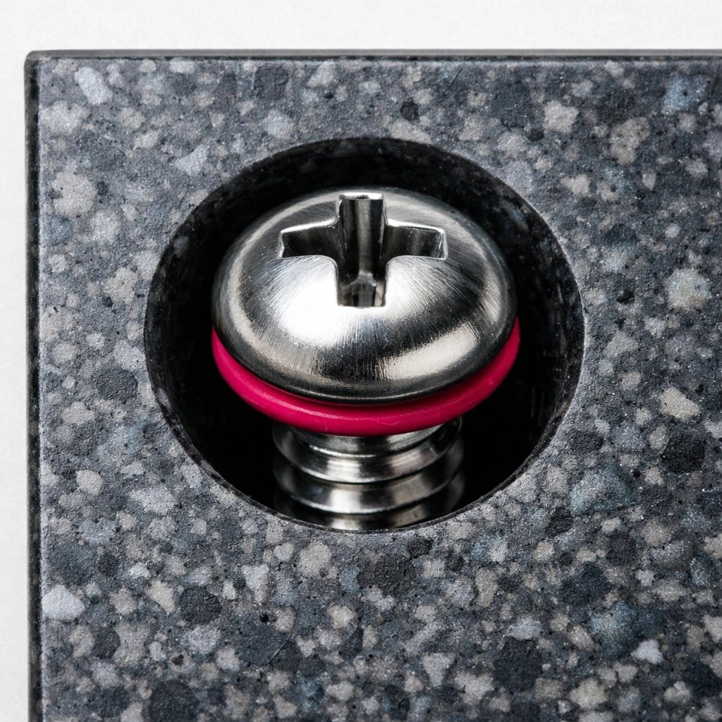 Stainless steel pan-head screw in an oversized pilot hole on a grey recycled plastic construction panel.