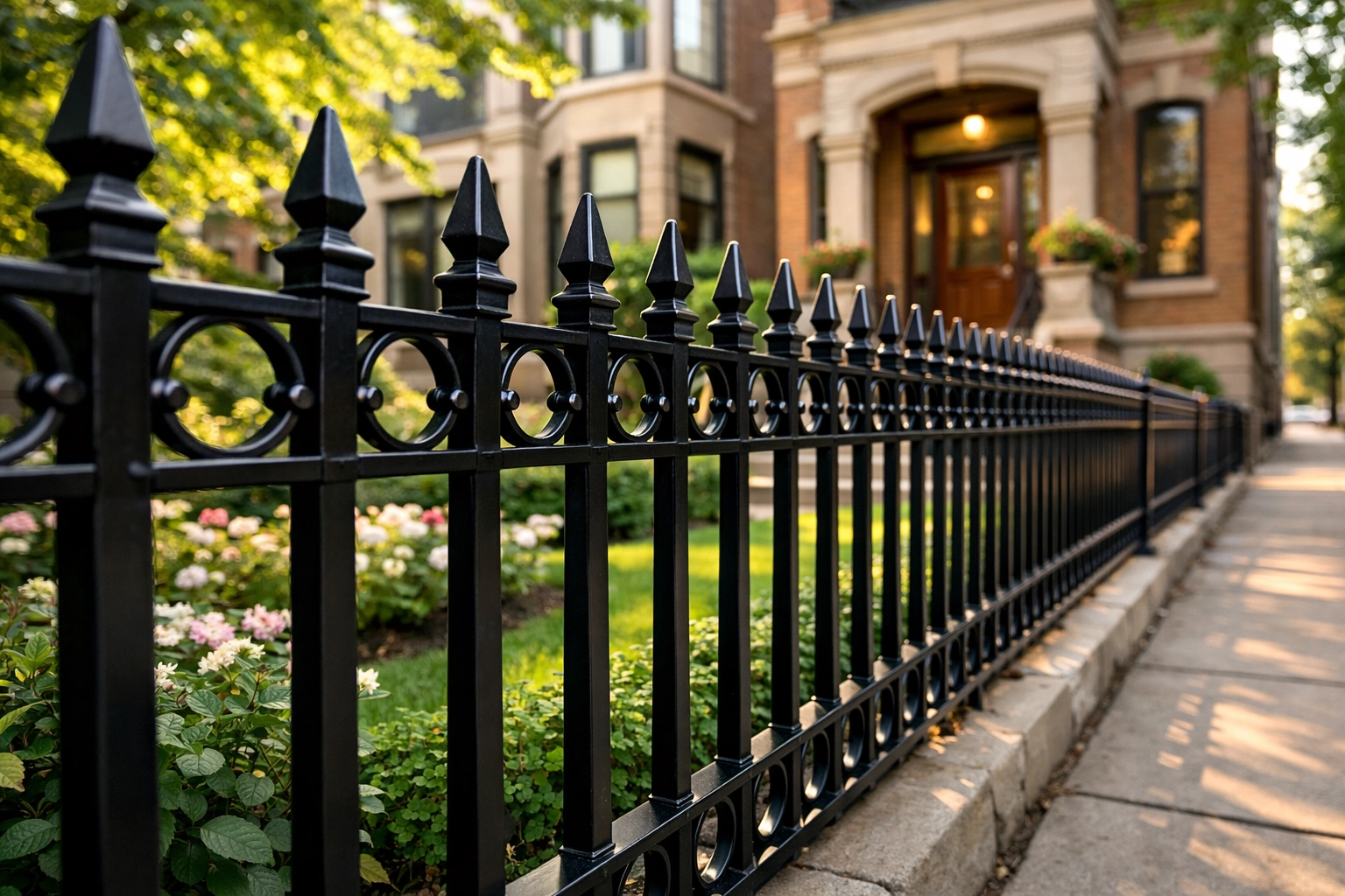 Professional painters Chicago wrought iron fence with a vibrant black finish and high curb appeal.