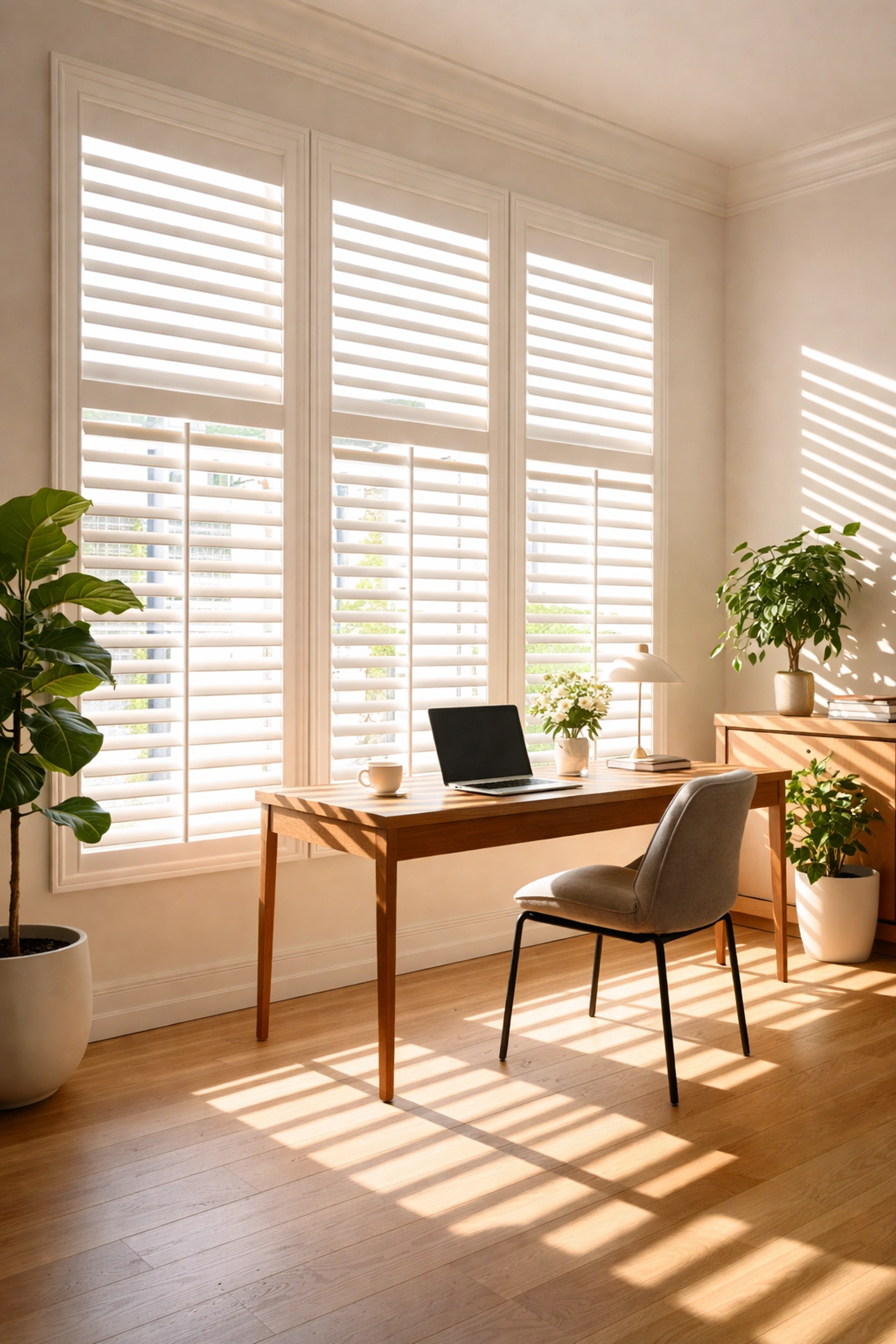 Modern home office with white plantation shutters redirecting sunlight, preventing glare on workspace and screens.