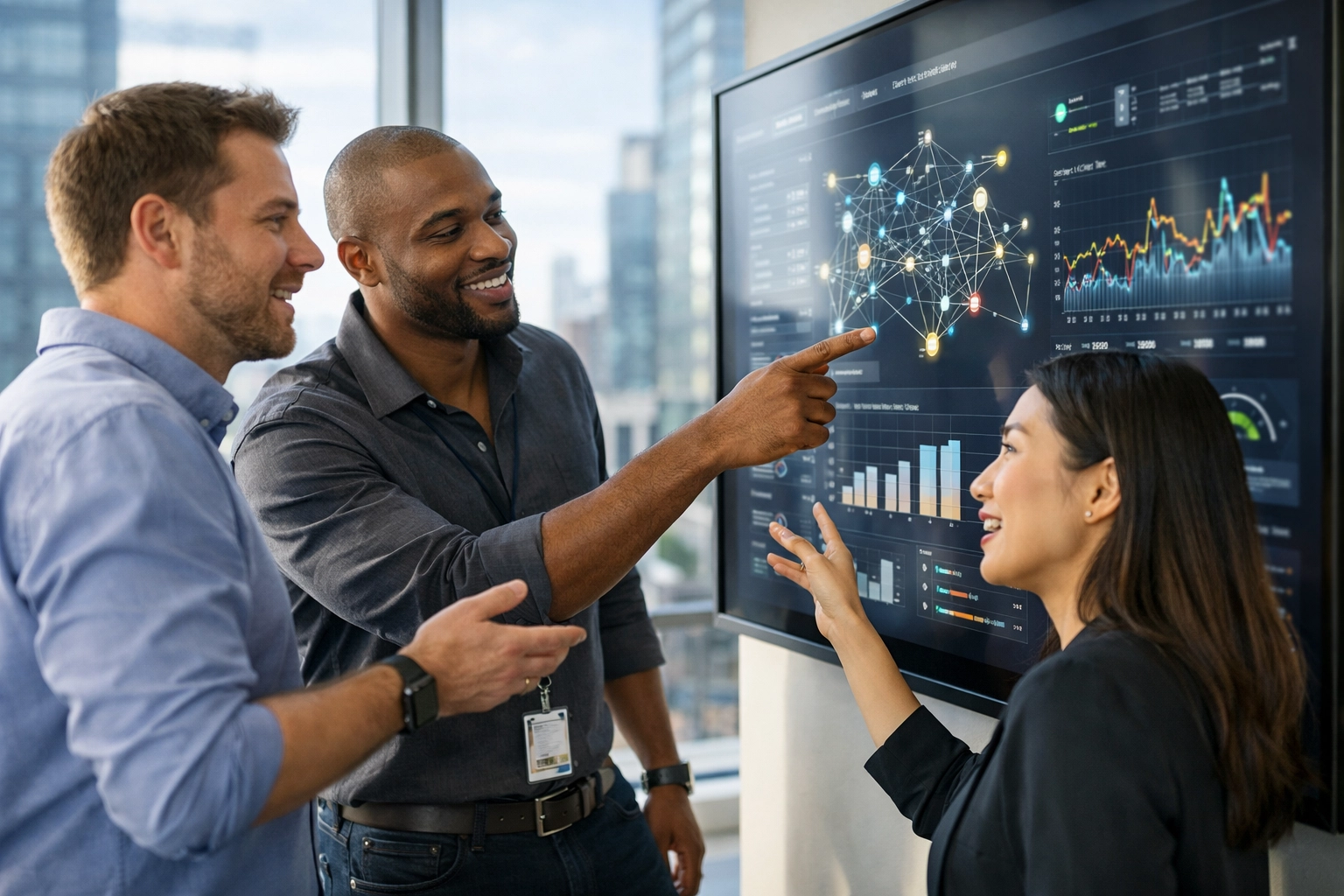 ServiceNow consulting team discussing data visualizations to drive business outcomes and 2026 ROI.