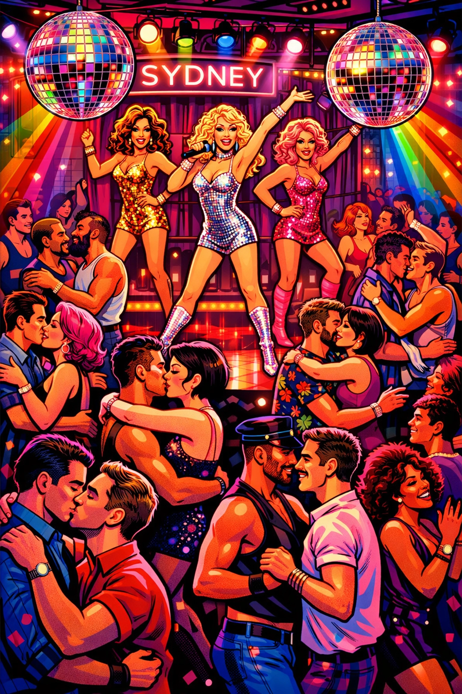 1980s Sydney drag queens performing Kylie Minogue tribute at gay nightclub with LGBTQ+ dancers