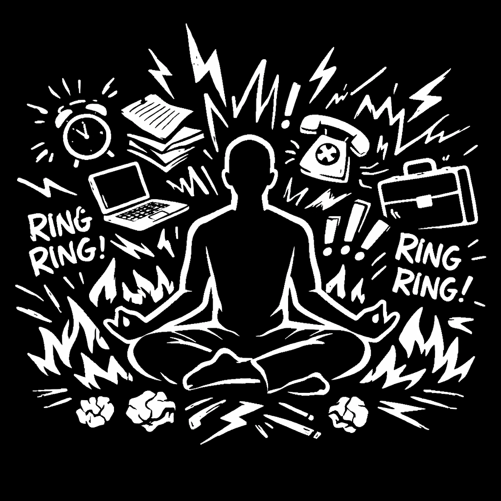 Minimalist line art of a person in a yoga pose surrounded by chaotic office stress scribbles on black background.