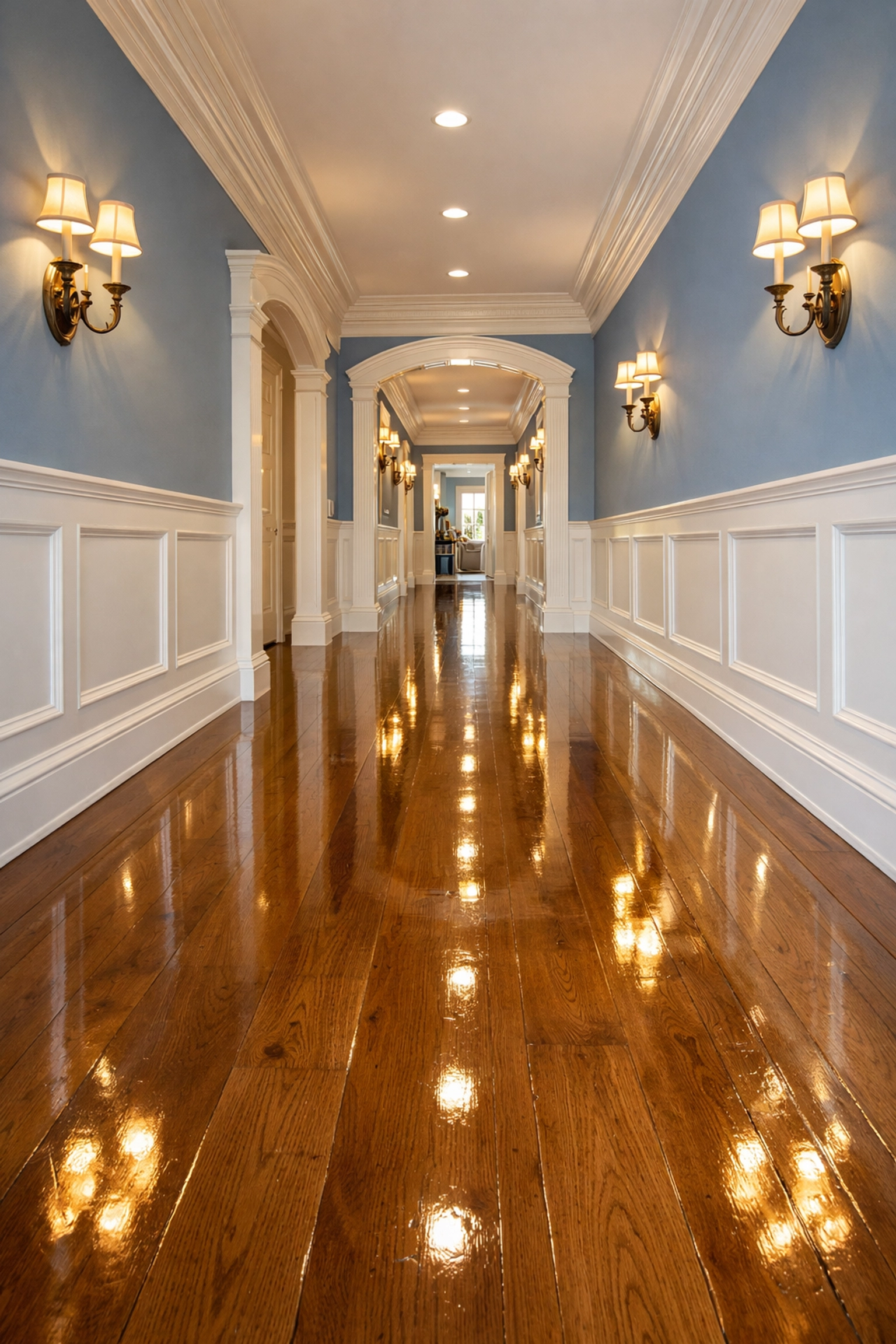 Polished wide-plank hardwood floors in a Colonial-style Wayland home after professional cleaning.
