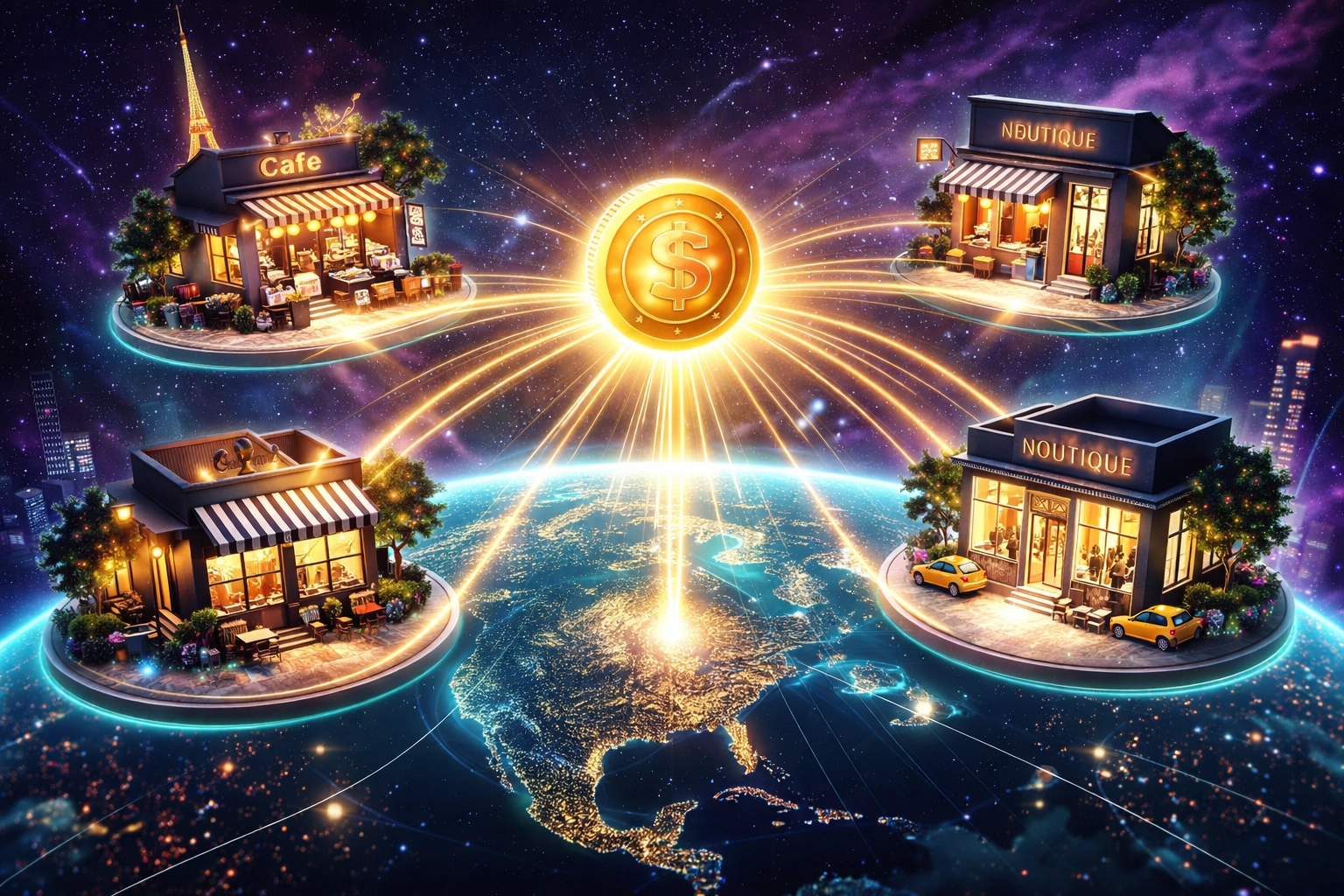Glowing coin connects merchant stores worldwide, illustrating borderless Web3 global payments for businesses