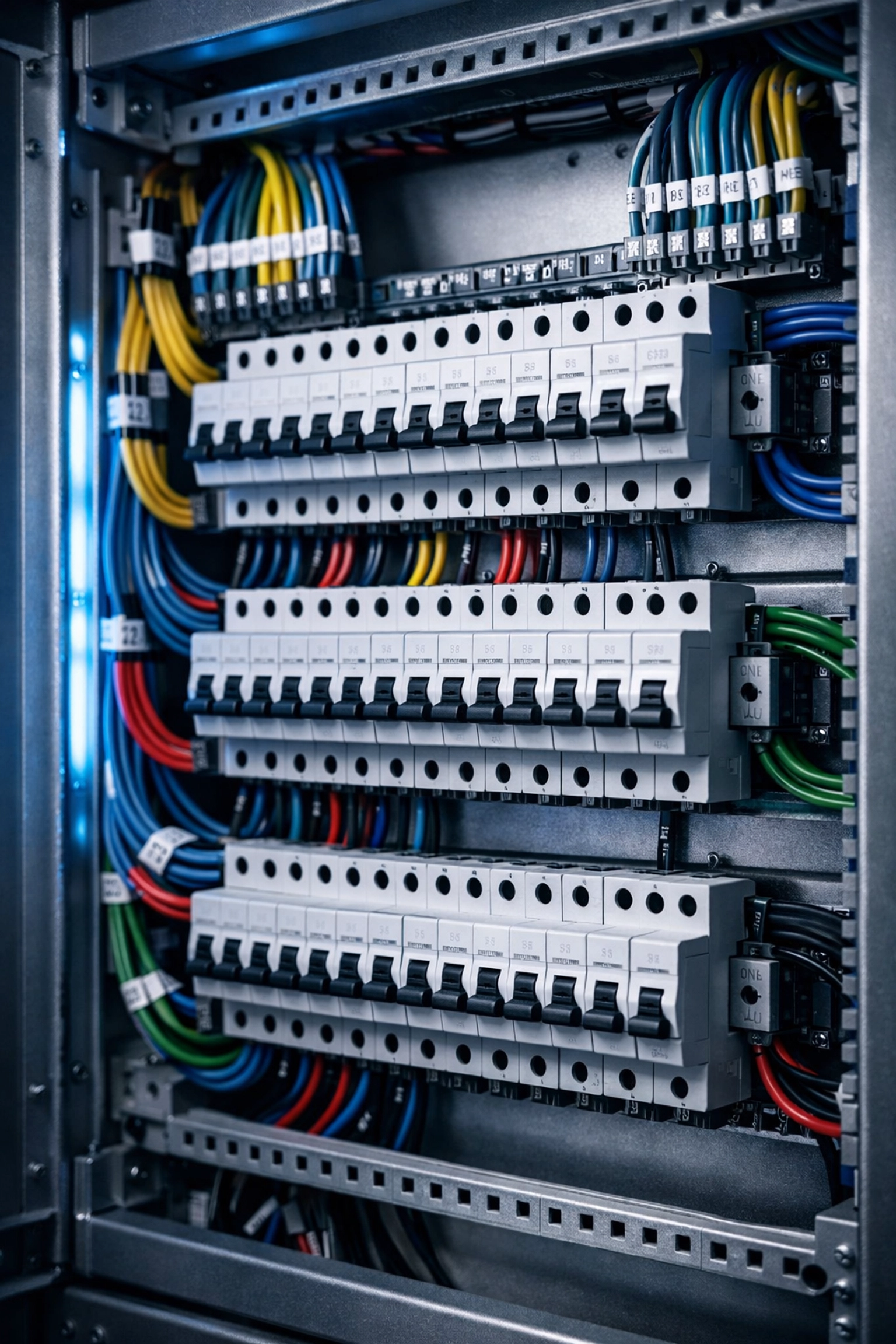 Professional electrical panel installation with organized circuit breakers and color-coded wiring