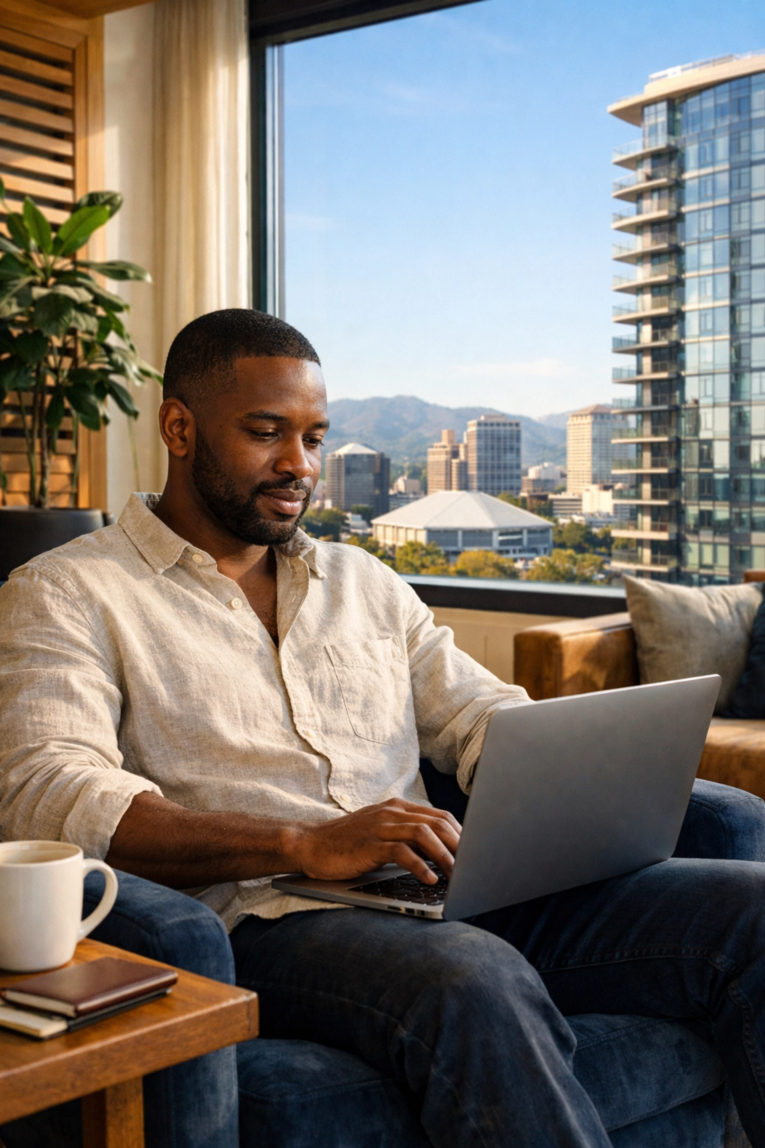 Professional working in a luxury lounge at 188 West Saint James overlooking the downtown San Jose skyline.