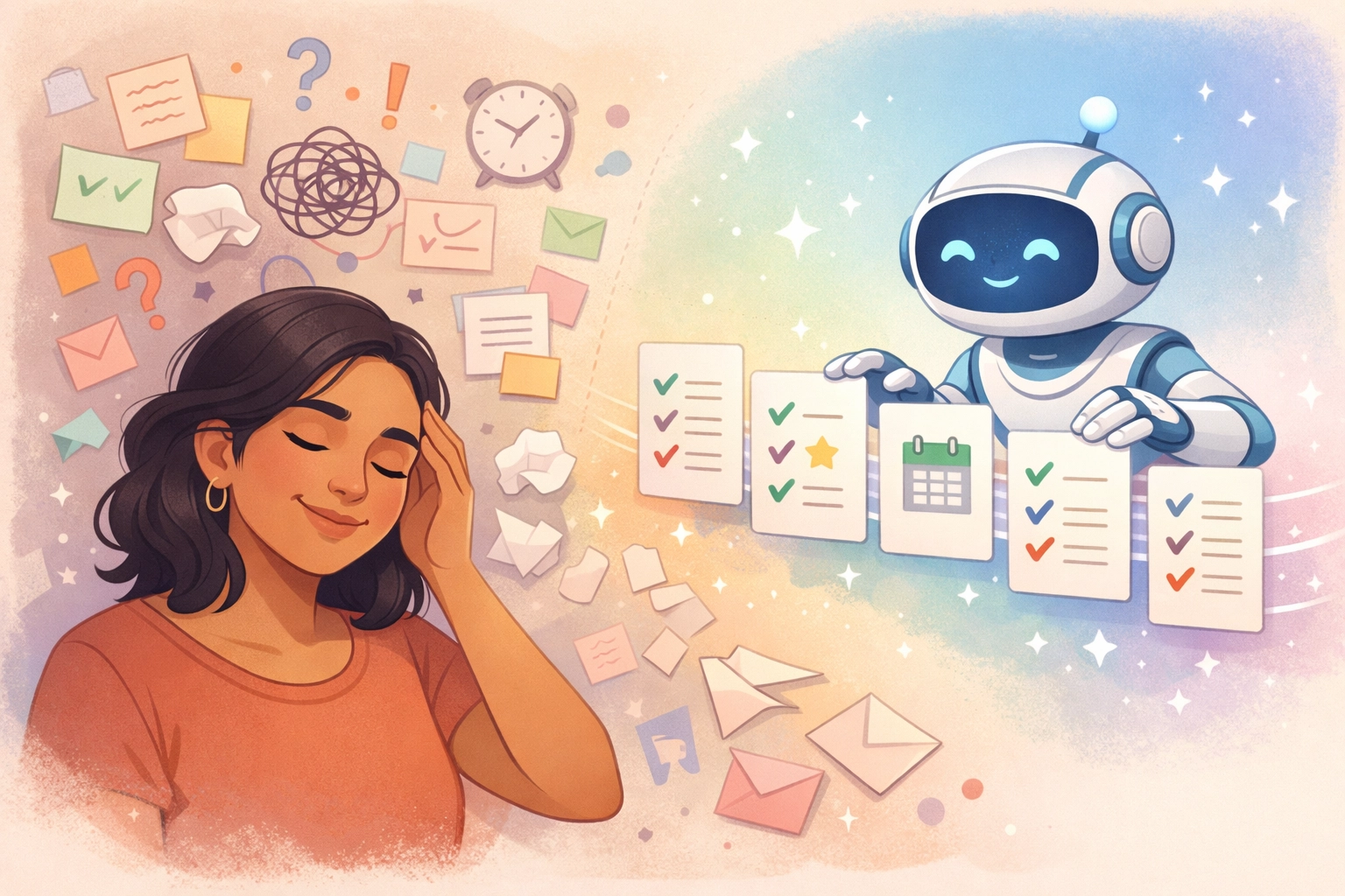 A calm, inclusive illustration of an AI “external brain” gently organizing scattered ADHD thoughts into a simple checklist.
