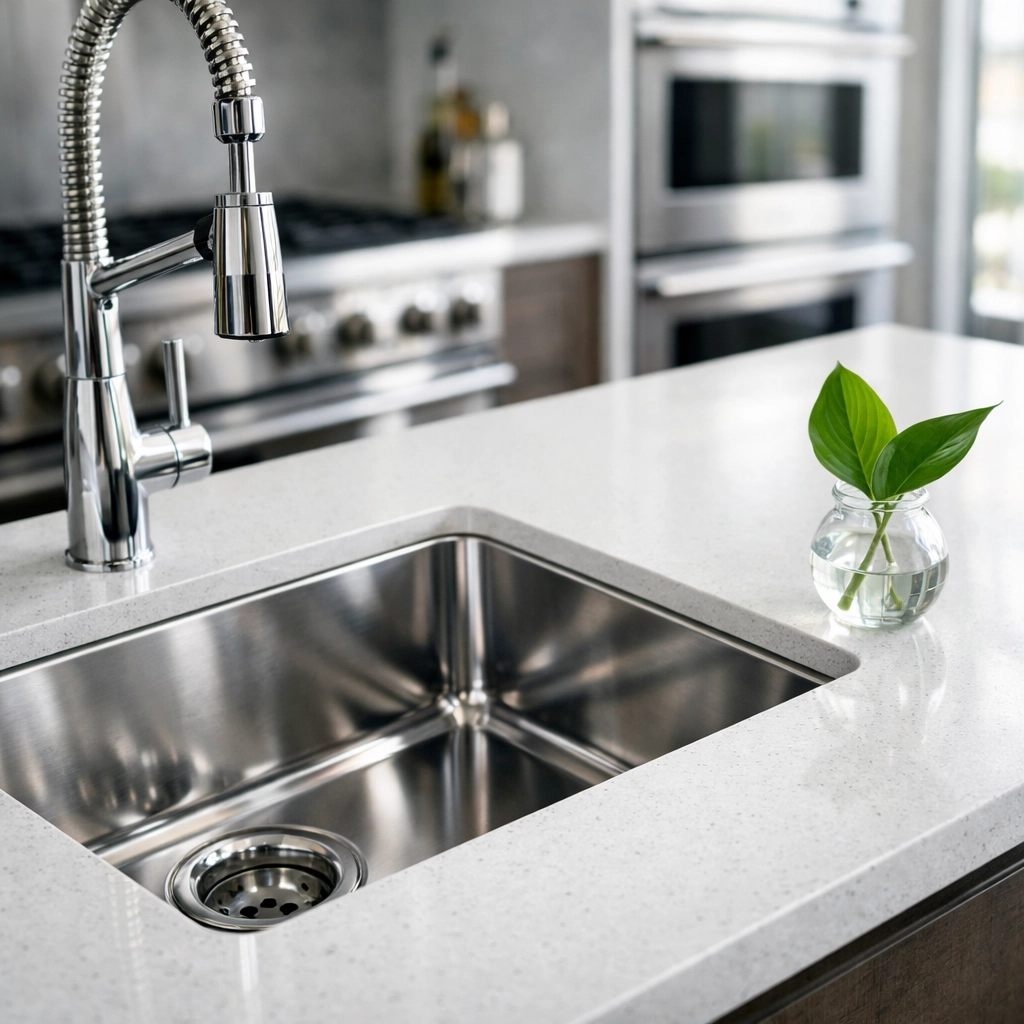 Deep cleaned kitchen with a polished stainless steel sink and white quartz countertops.