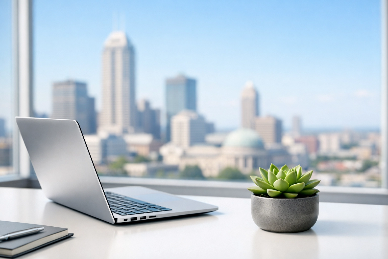 Modern property management desk with a view of a clean Midwest metropolitan skyline.