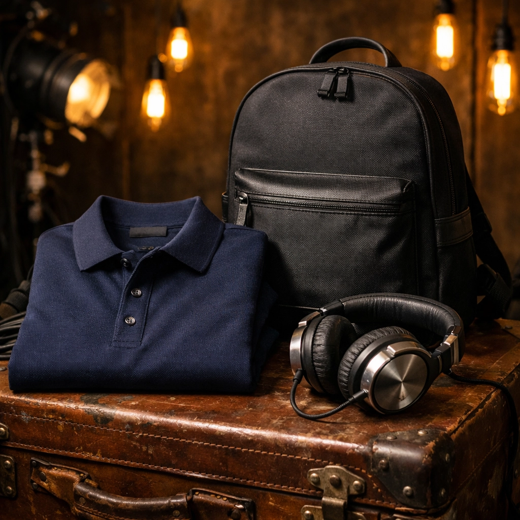 Premium Tunes On Top apparel and gear including a polo shirt and backpack on a vintage equipment case.