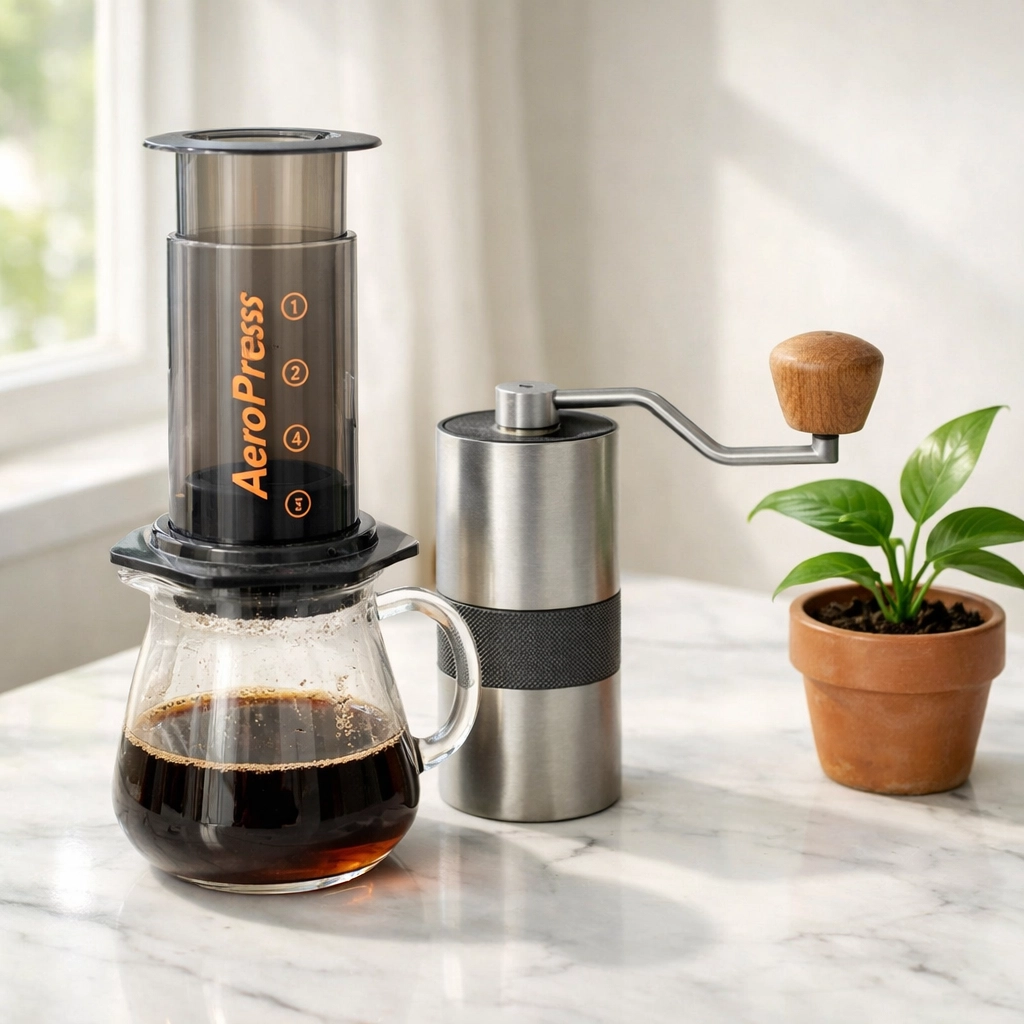 An AeroPress coffee brewer and manual grinder on a marble countertop in a bright kitchen.