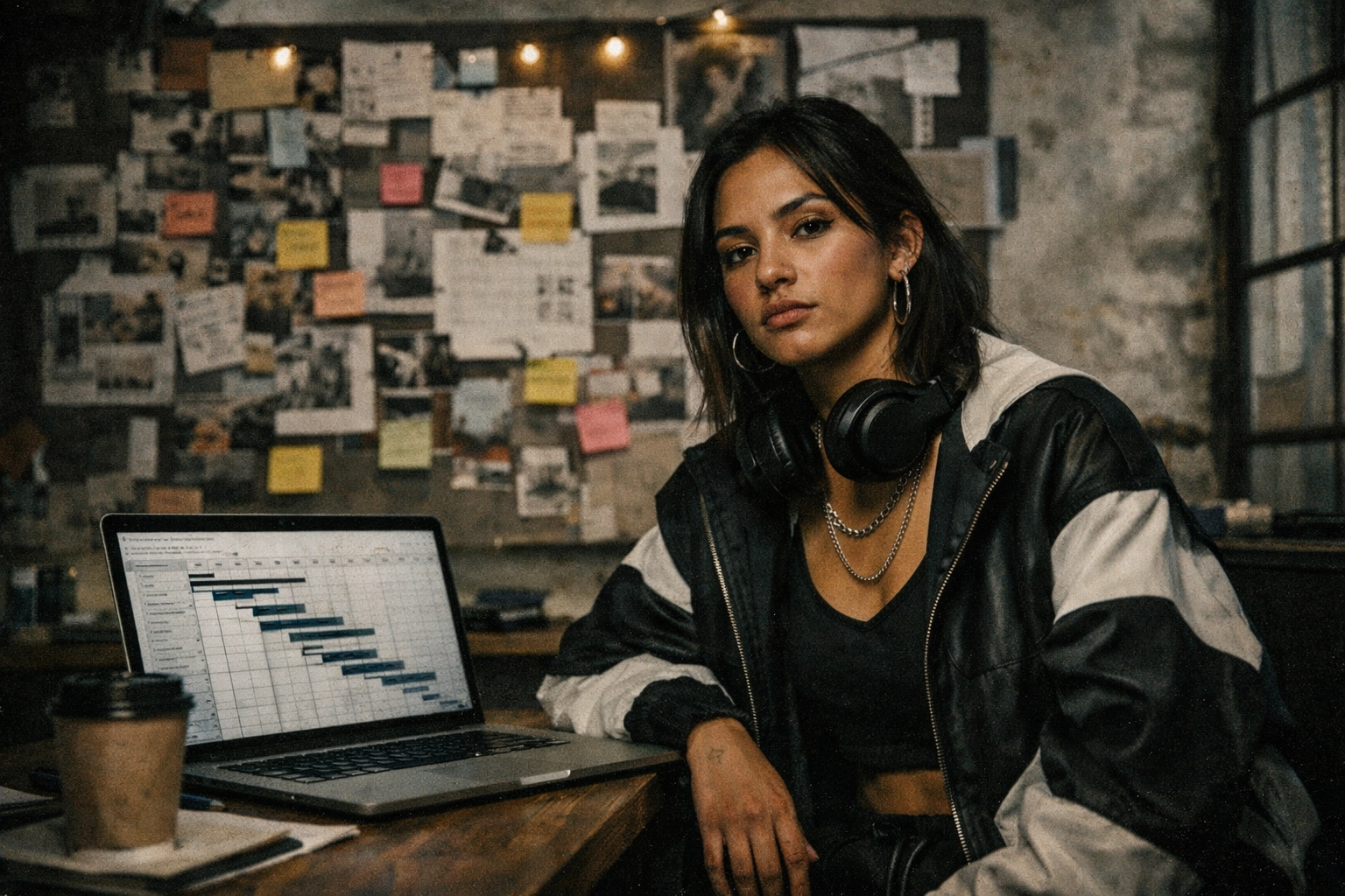 Gritty cinematic minimalist: Hispanic woman in an urban creative studio with vision board, headphones, and laptop planning execution systems
