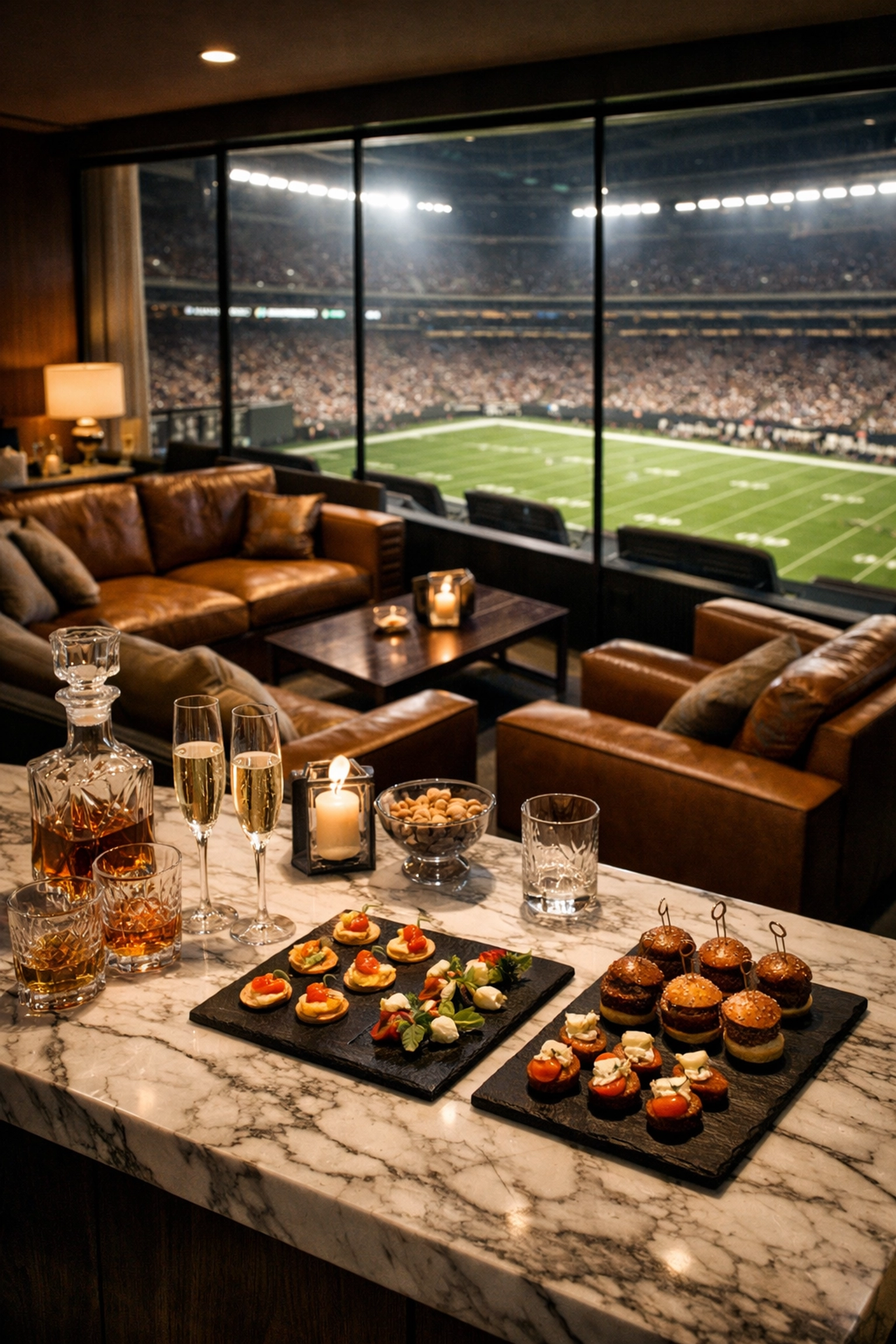 Sophisticated luxury stadium suite with field views for VIP executive hosting at the Super Bowl.