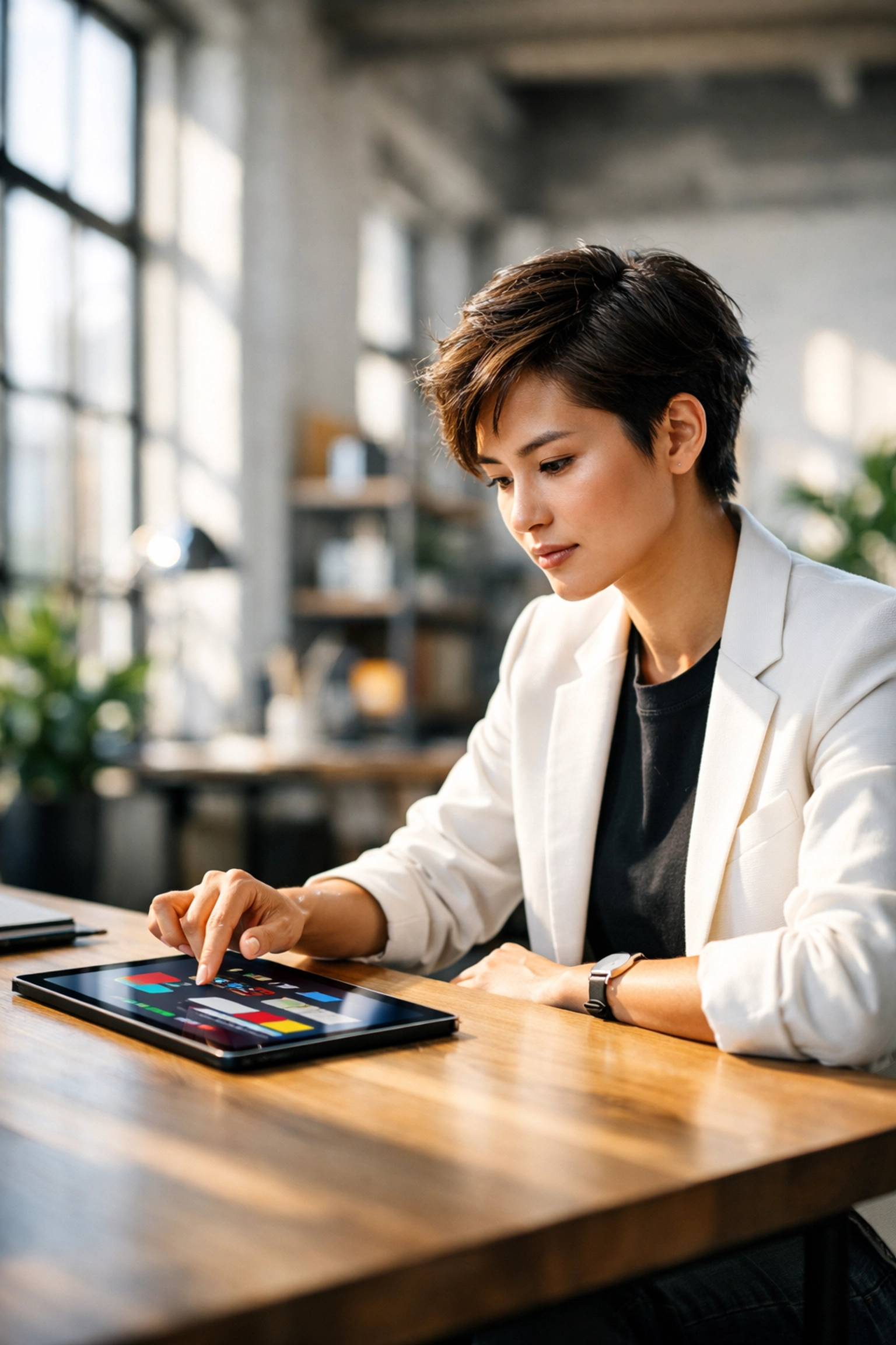 A young professional using a digital tablet to manage their personal brand and media literacy skills.