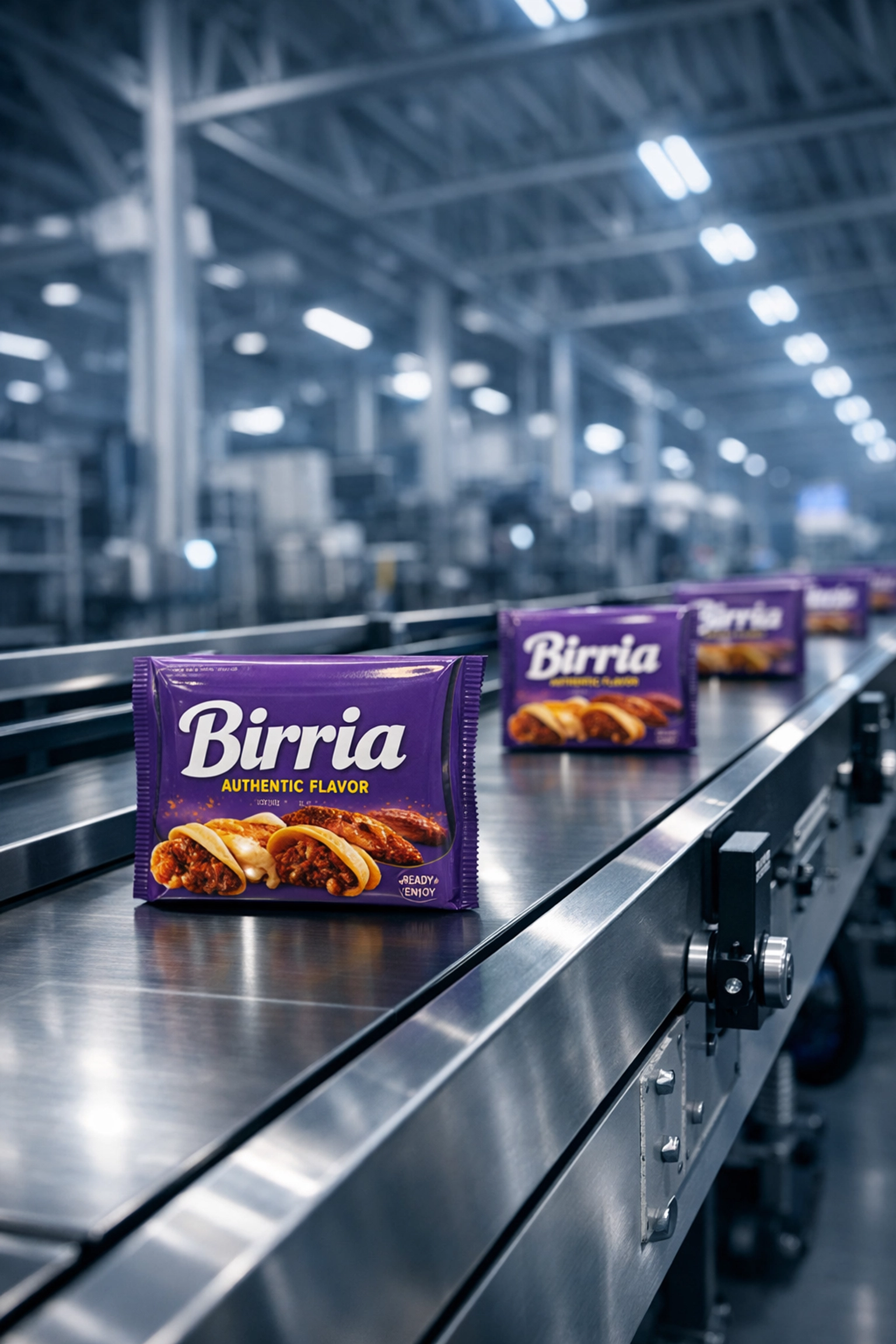 Automated conveyor belt moving Buldak Birria ramen through a distribution center, highlighting CPG supply chain agility.