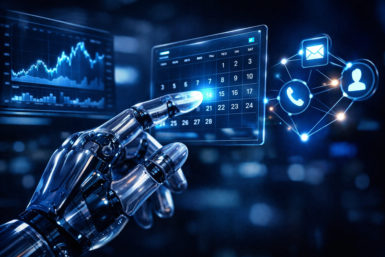 Advanced AI agent managing multi-step sales workflows and digital data on screens.