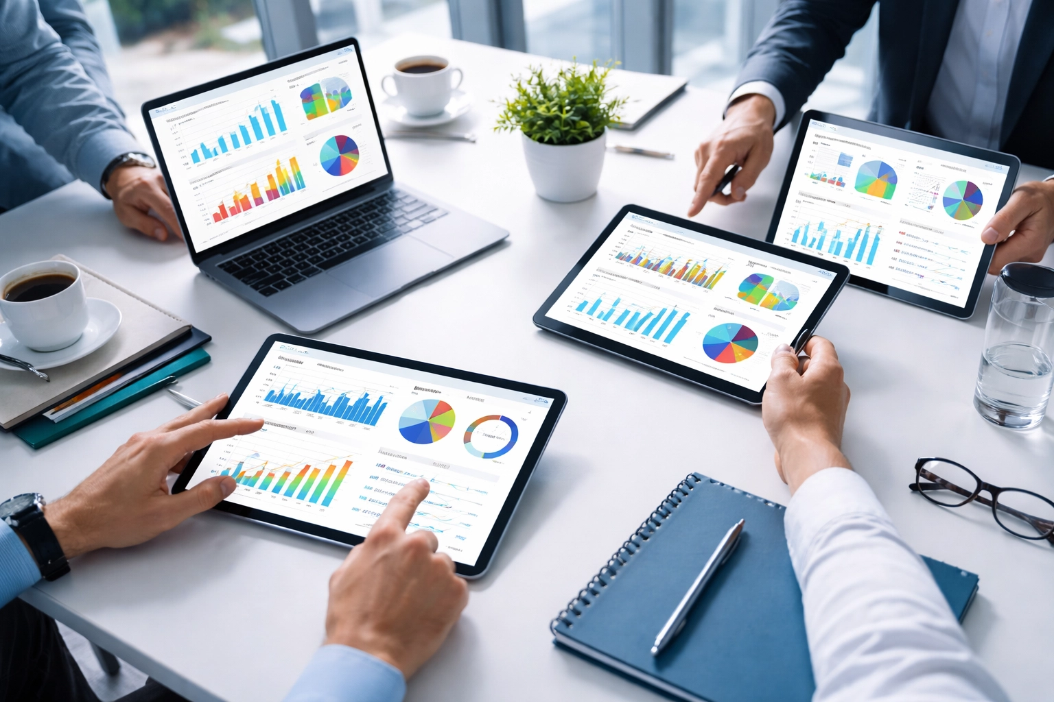 Team collaborating at a conference table with ServiceNow AI Control Tower dashboards for strategic AI governance