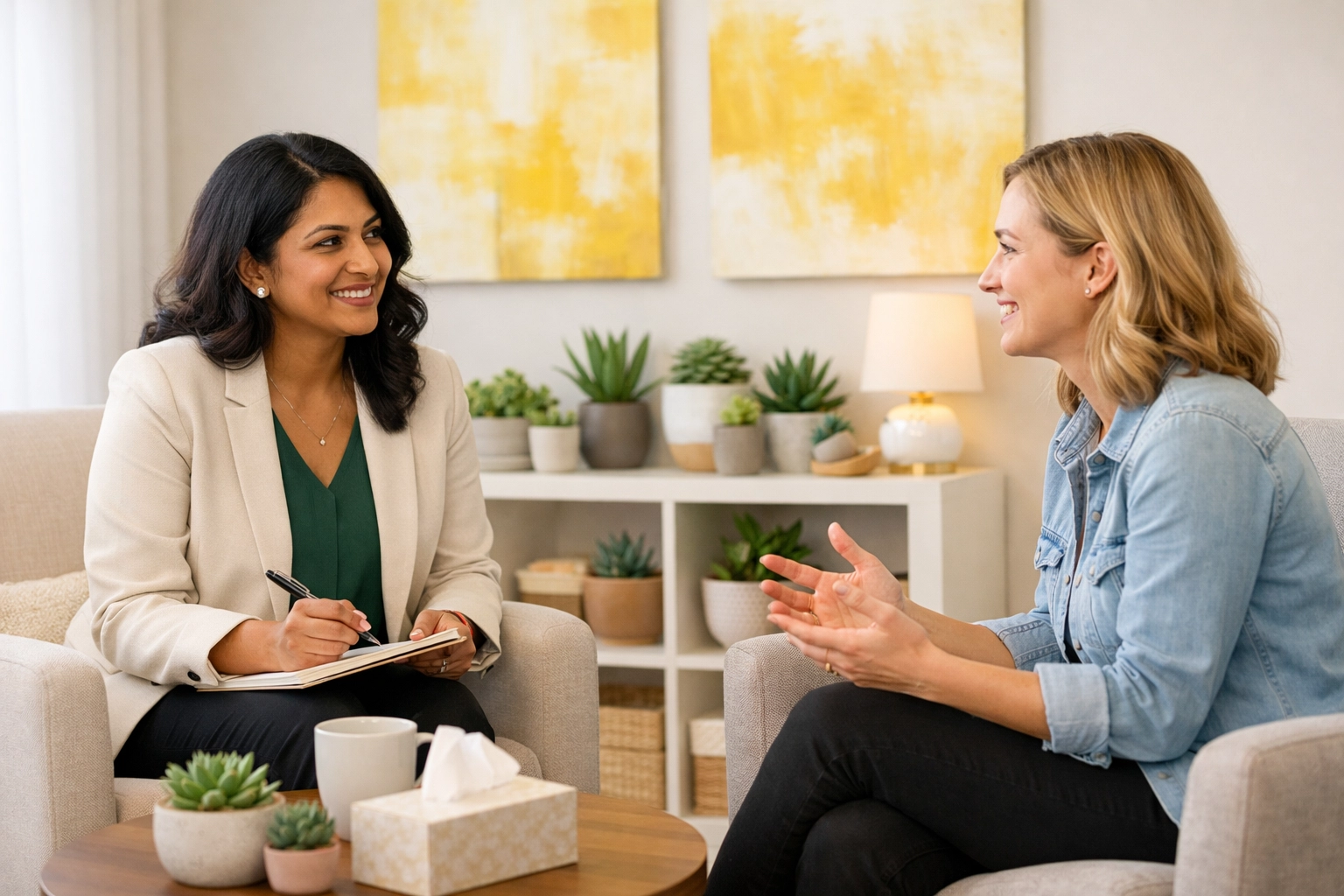 Supportive professional counseling session in a bright office providing affordable therapy in Georgia.