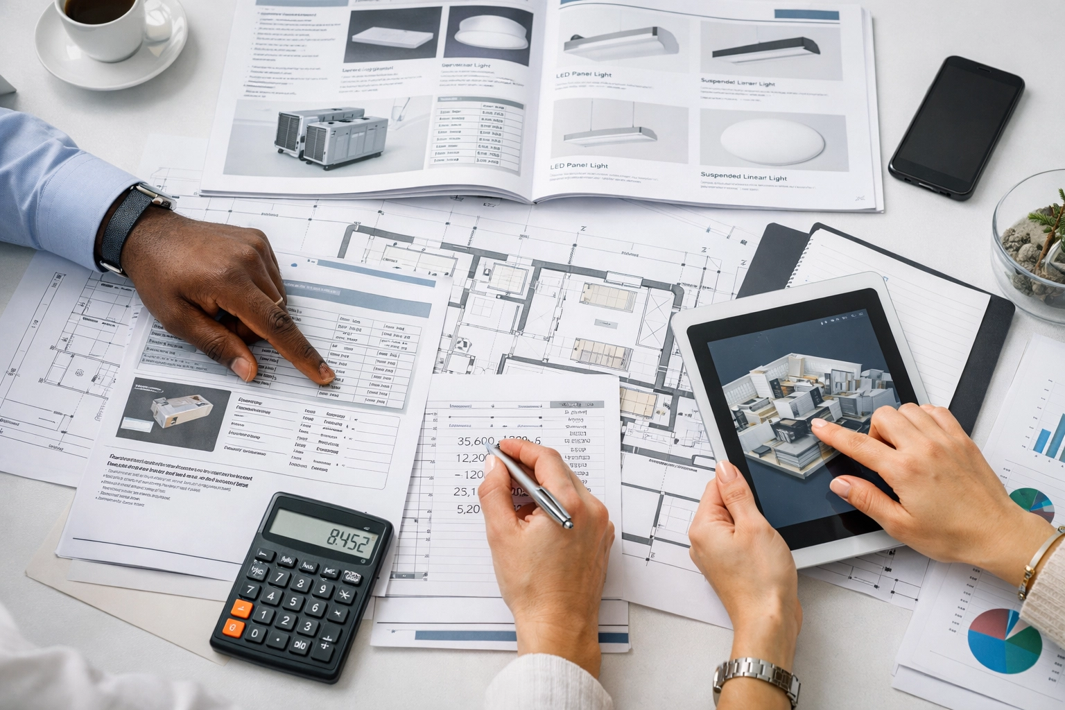 Business team planning equipment purchases and Section 179 tax strategy