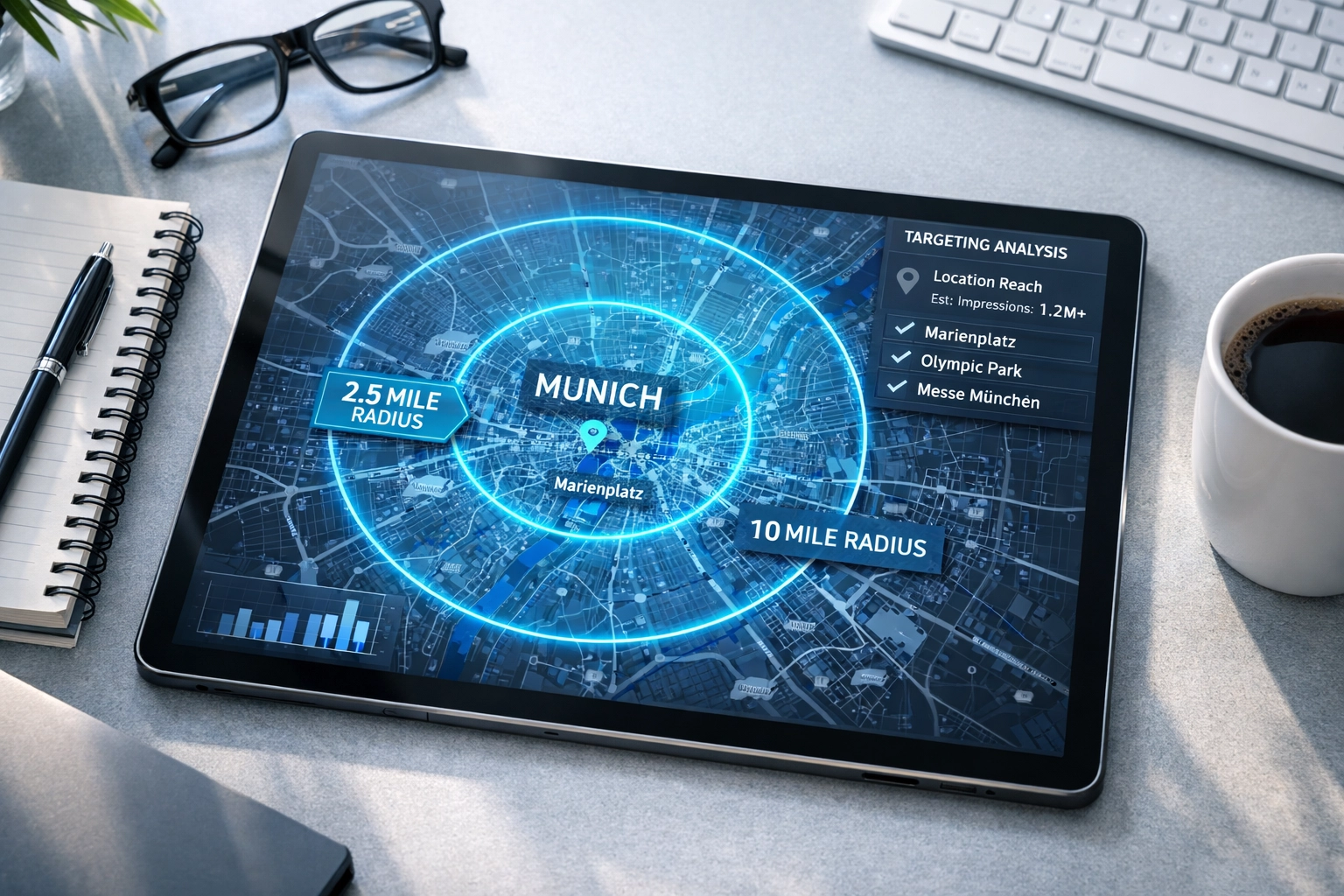 Tablet showing a digital map of Munich with precise radius targeting zones for a DOOH media campaign.