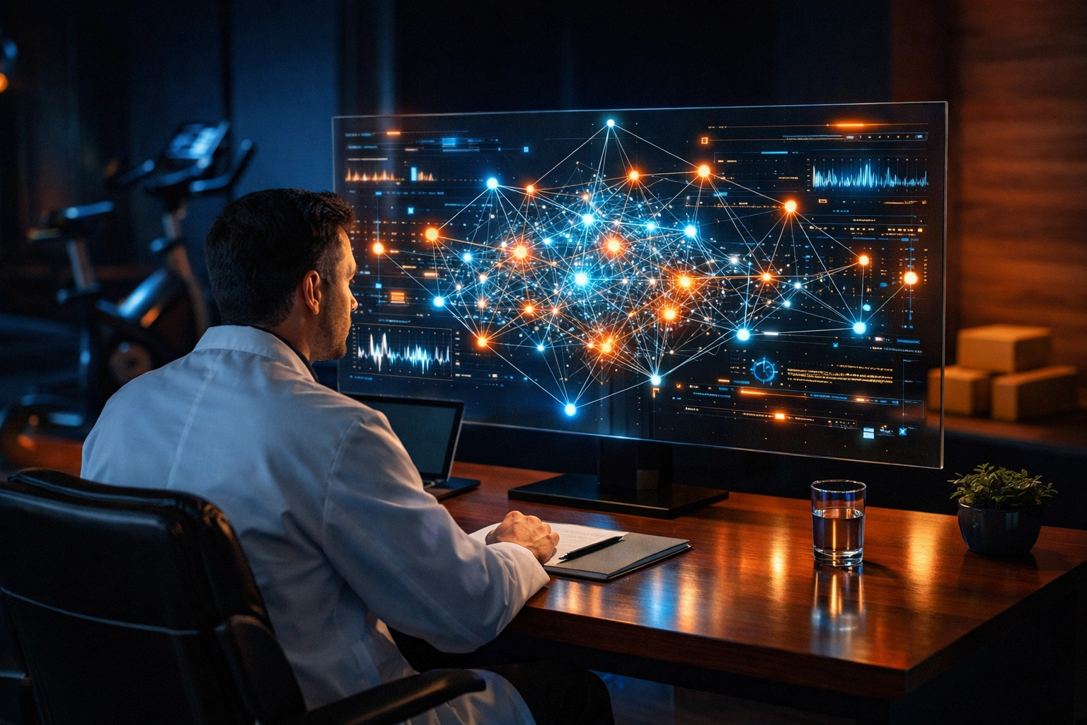 Researcher analyzing a holographic web of data nodes in a wellness lab to audit AI search visibility.