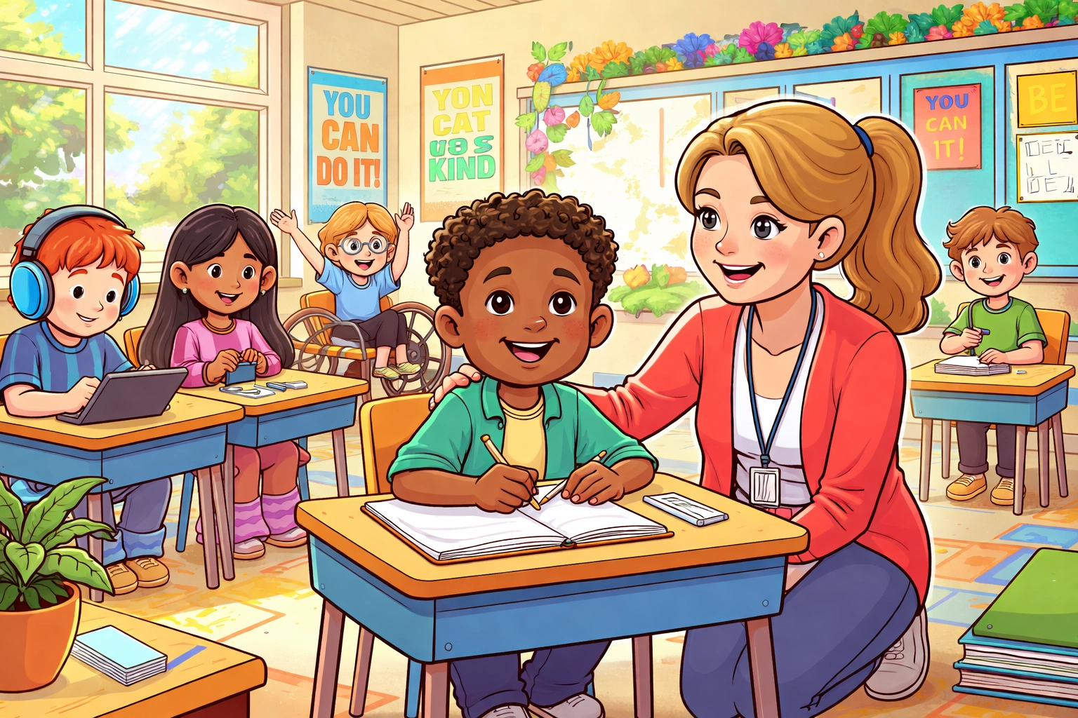 Illustration of diverse children with invisible disabilities receiving supportive education in a classroom setting