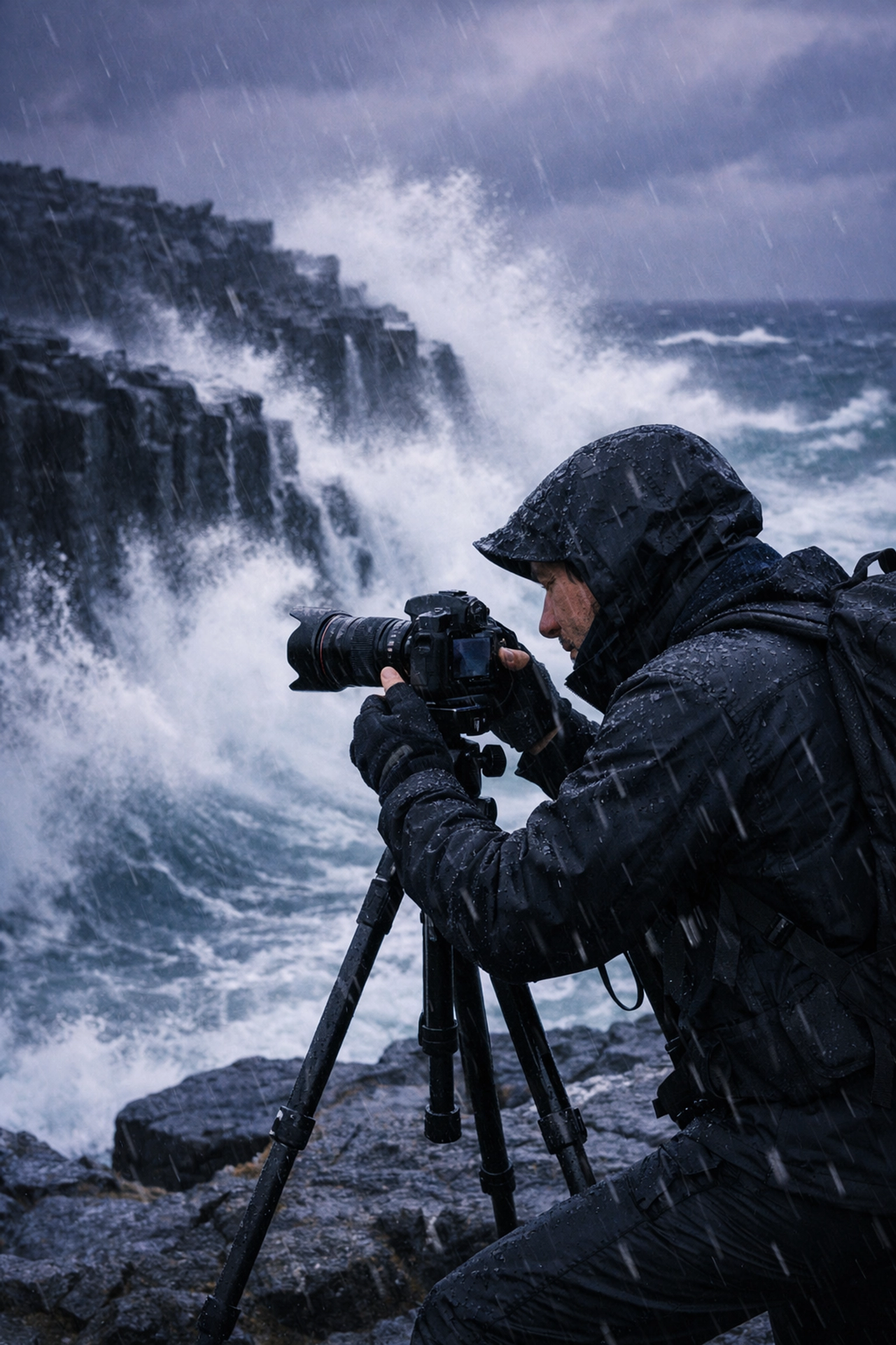 Dramatic landscape photography being shot on a stormy coastal cliff with crashing waves and sea spray.