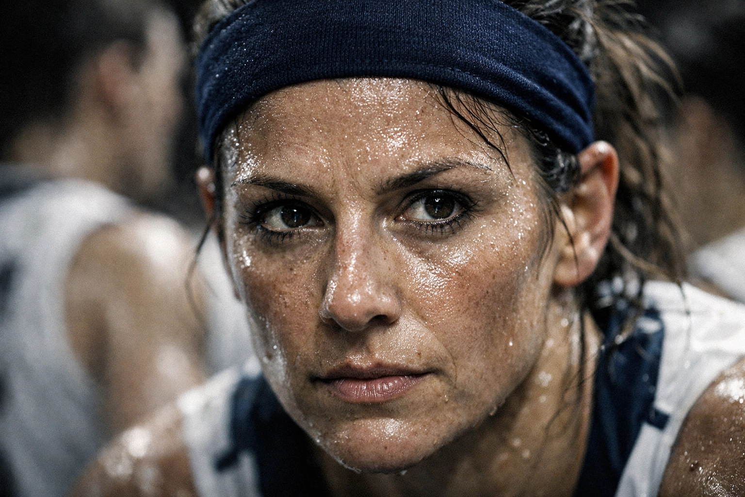 Close-up of a focused UConn Huskies player with teammates in the background during the quest for a 13th title.
