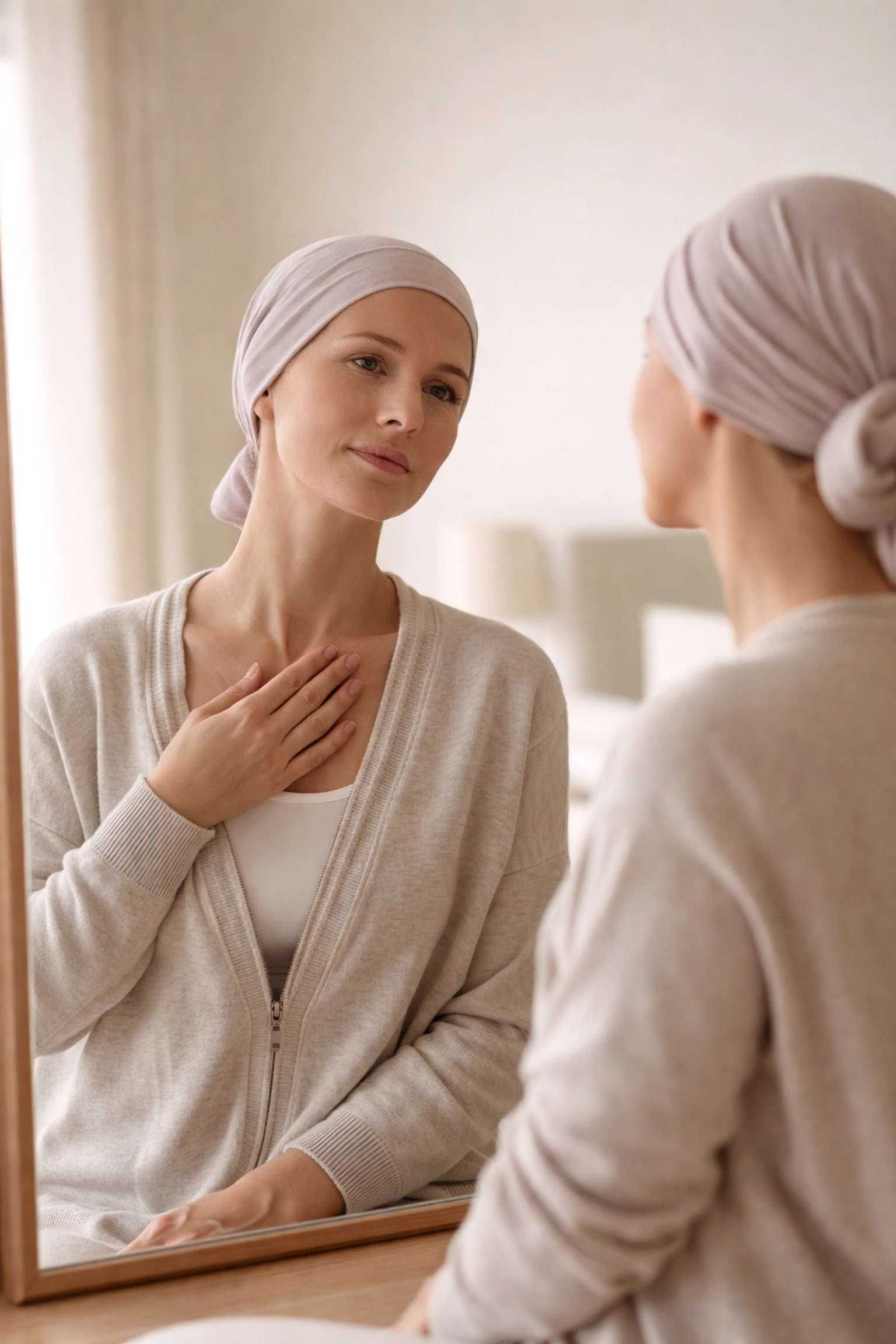 Woman in recovery clothing gently touching her chest in a bedroom, representing early stages of breast augmentation healing in Houston