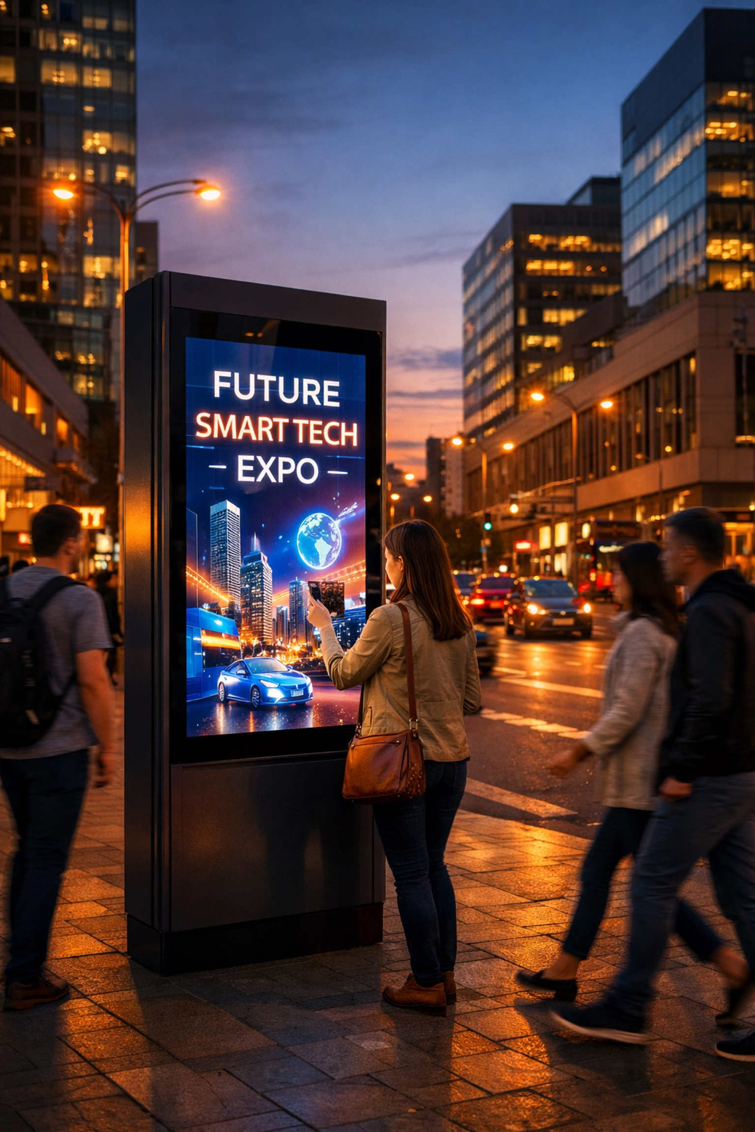 Smart city digital kiosk displaying targeted advertising on urban street at dusk