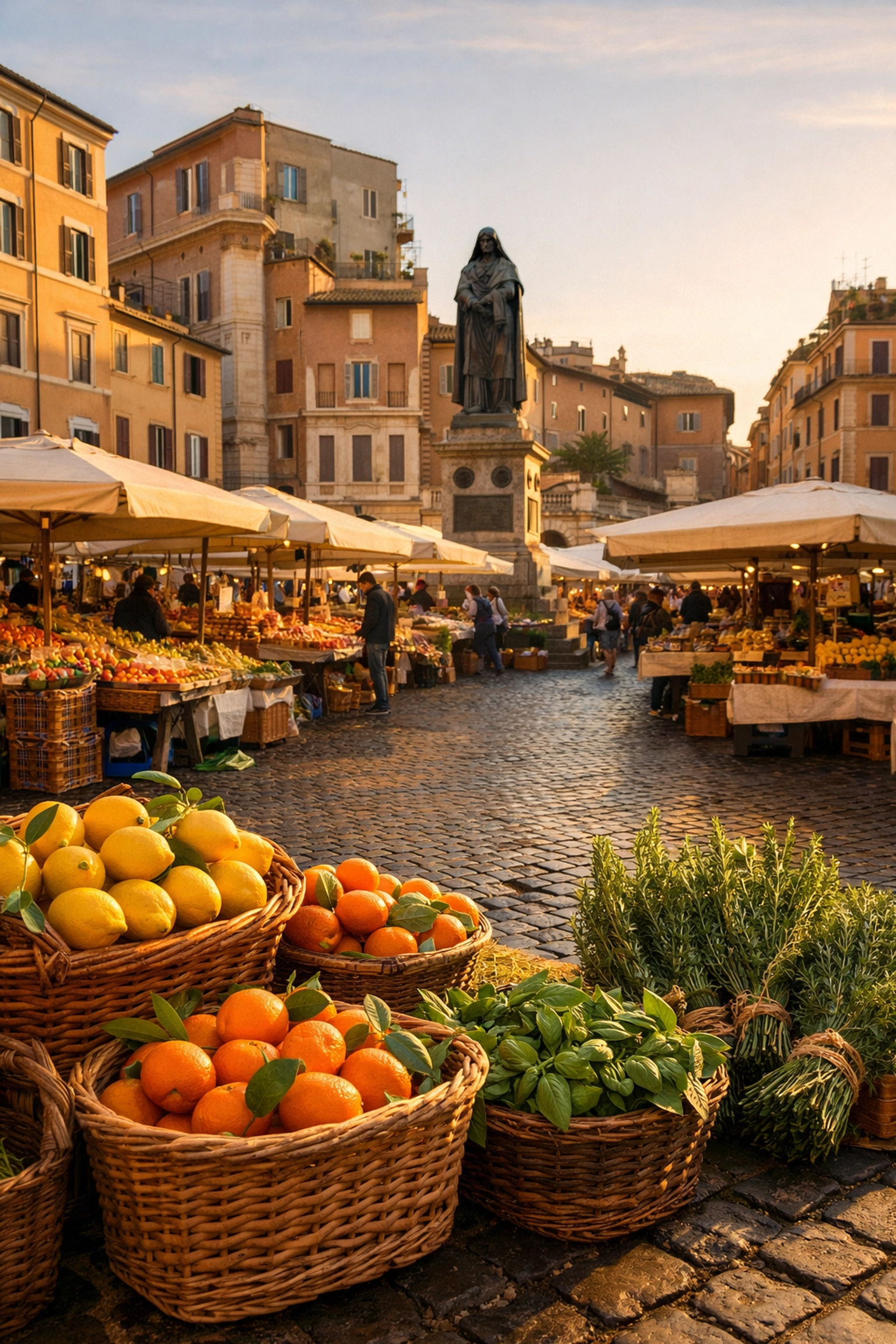 Outdoor food stalls at Campo de' Fiori, one of the best photography locations and markets in Rome.