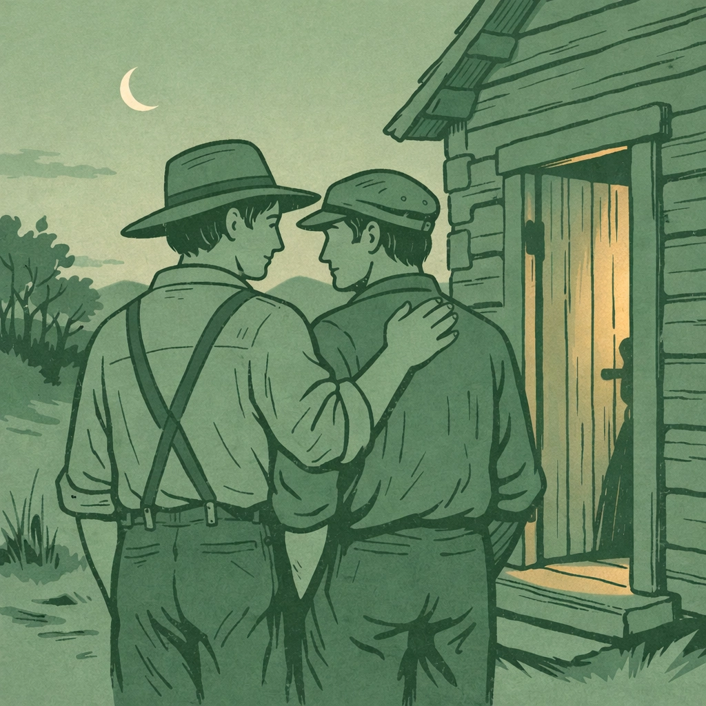 Two men in period clothing standing close outside cabin at dusk - gay historical fiction scene