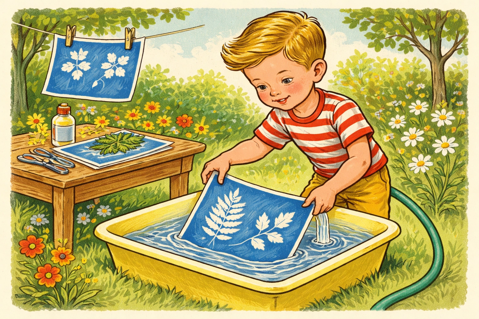 A delighted child reveals a finished sun print with white leaf shapes on deep blue paper after rinsing in a shallow water basin
