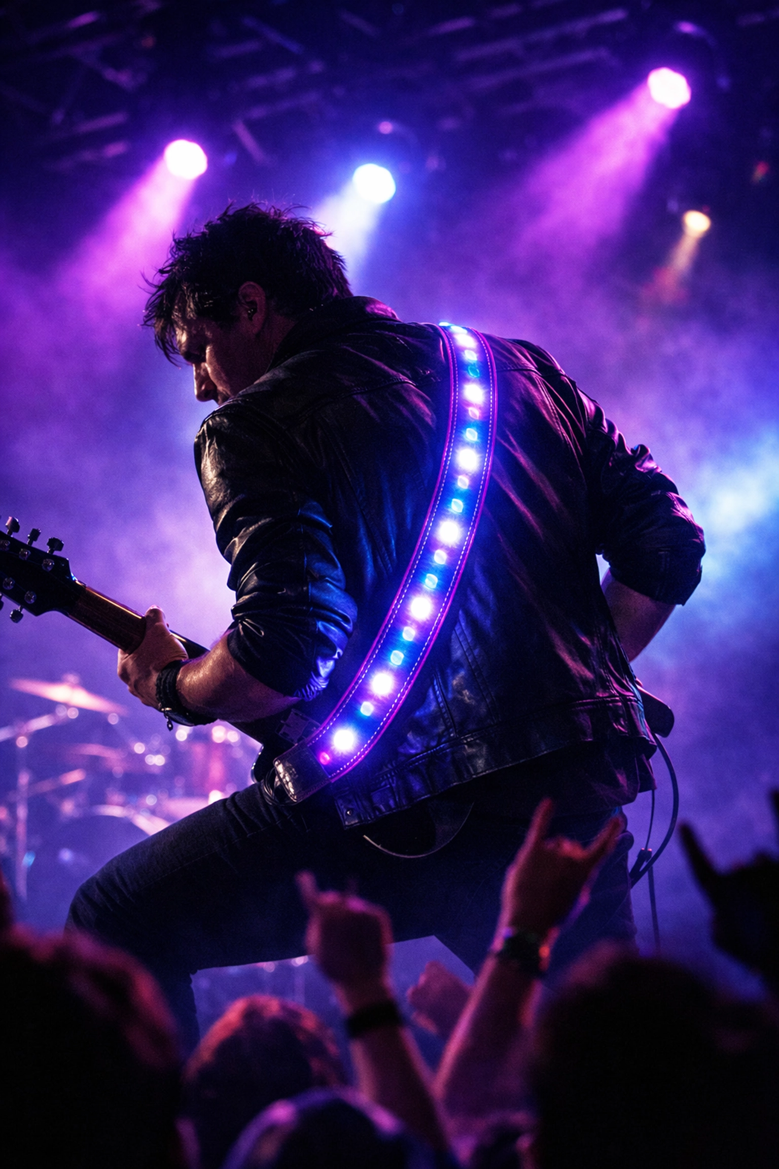 Guitarist performing on stage with purple leather LED guitar strap illuminated under spotlights
