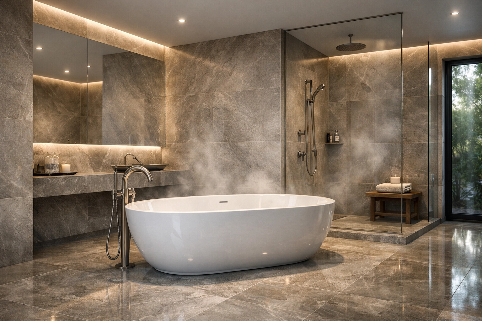 Luxury 8K photorealistic bathroom render - freestanding tub, large-format stone tiles, brushed nickel fixtures, soft indirect lighting, subtle volumetric steam, crisp reflections, no humans, no text