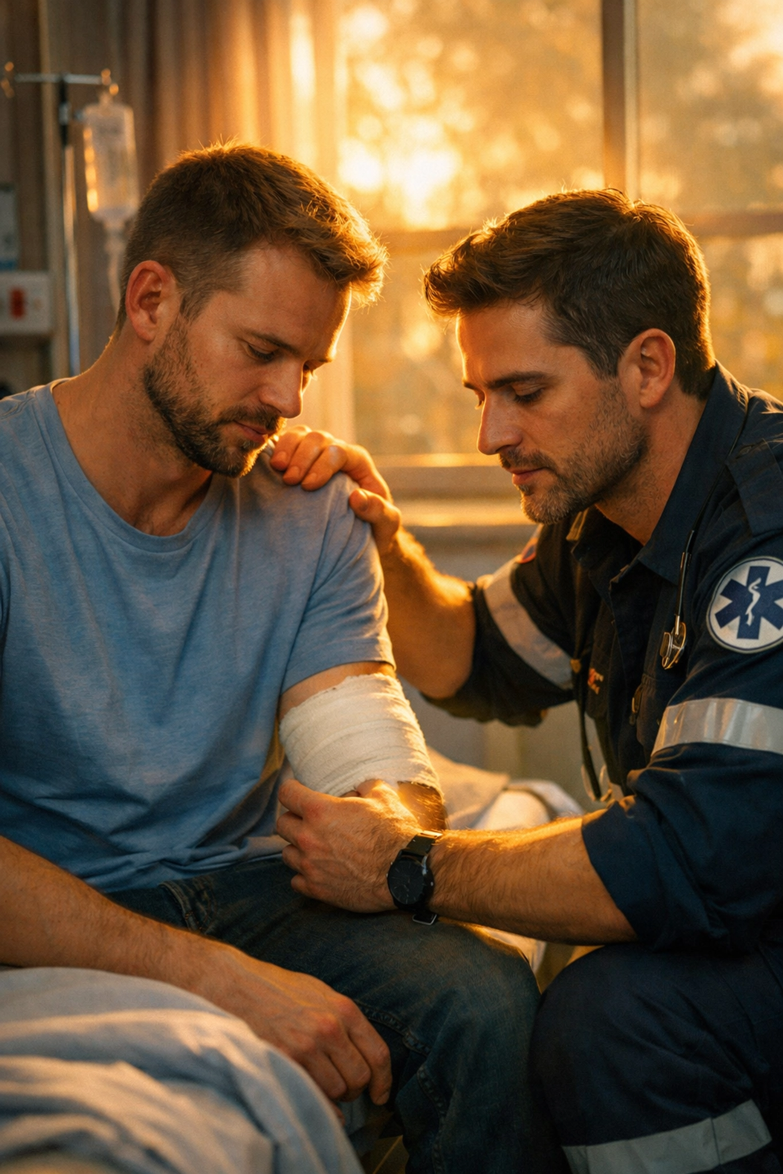 Paramedic tenderly caring for injured man in MM romance hurt/comfort scene