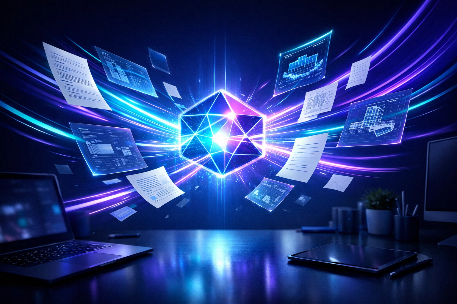 An AI agent absorbing real estate market data and brand voice in a high-tech digital workspace.