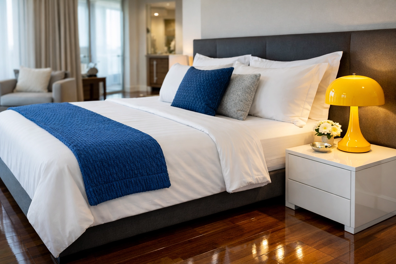 Clean master bedroom with reflective hardwood floors after a scheduled bi-weekly house cleaning Boxborough service.