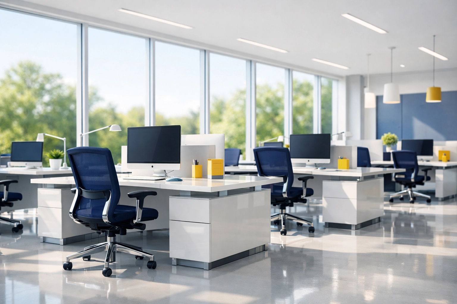 Clean and sun-drenched modern office in Westford with polished desks and professional seating.