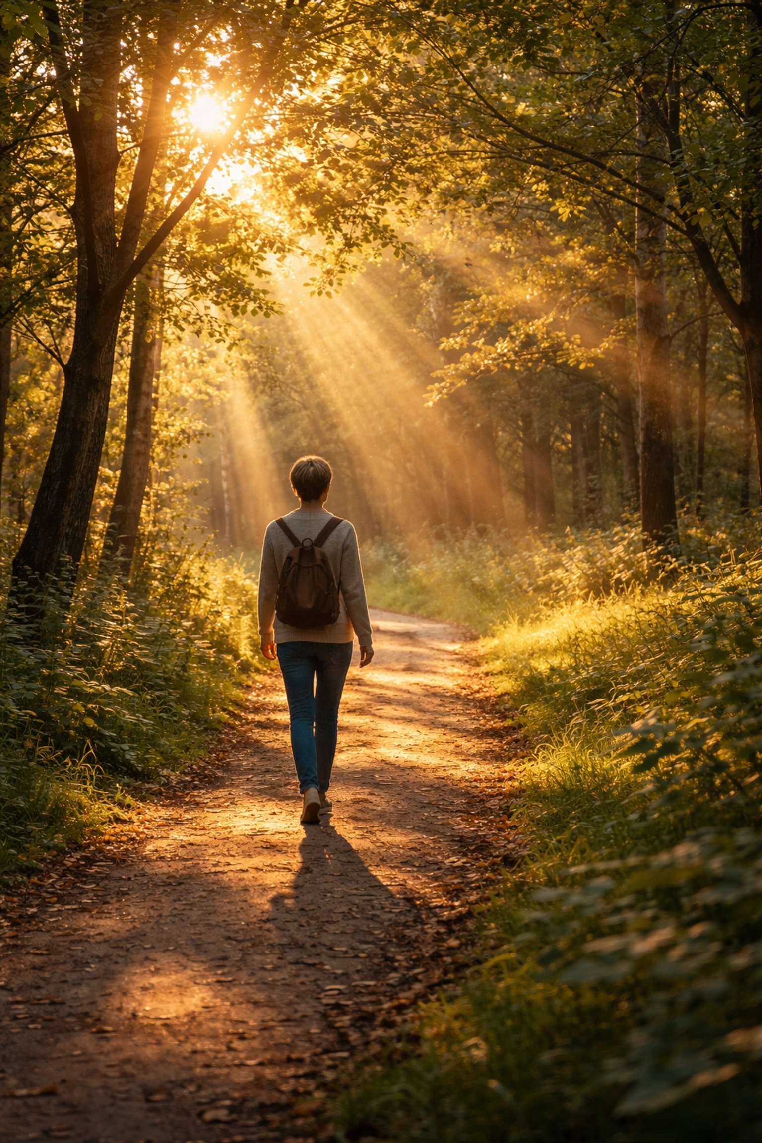 A person walks alone on a tranquil forest trail at sunset, symbolizing hope and new beginnings with God.