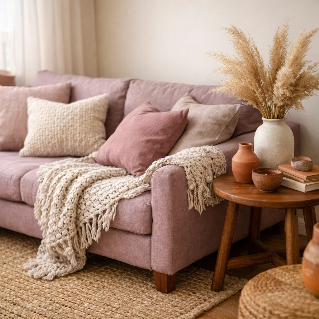 Cozy boho living room corner with mauve linen sofa and a chunky handcrafted crochet throw in a warm neutral palette.