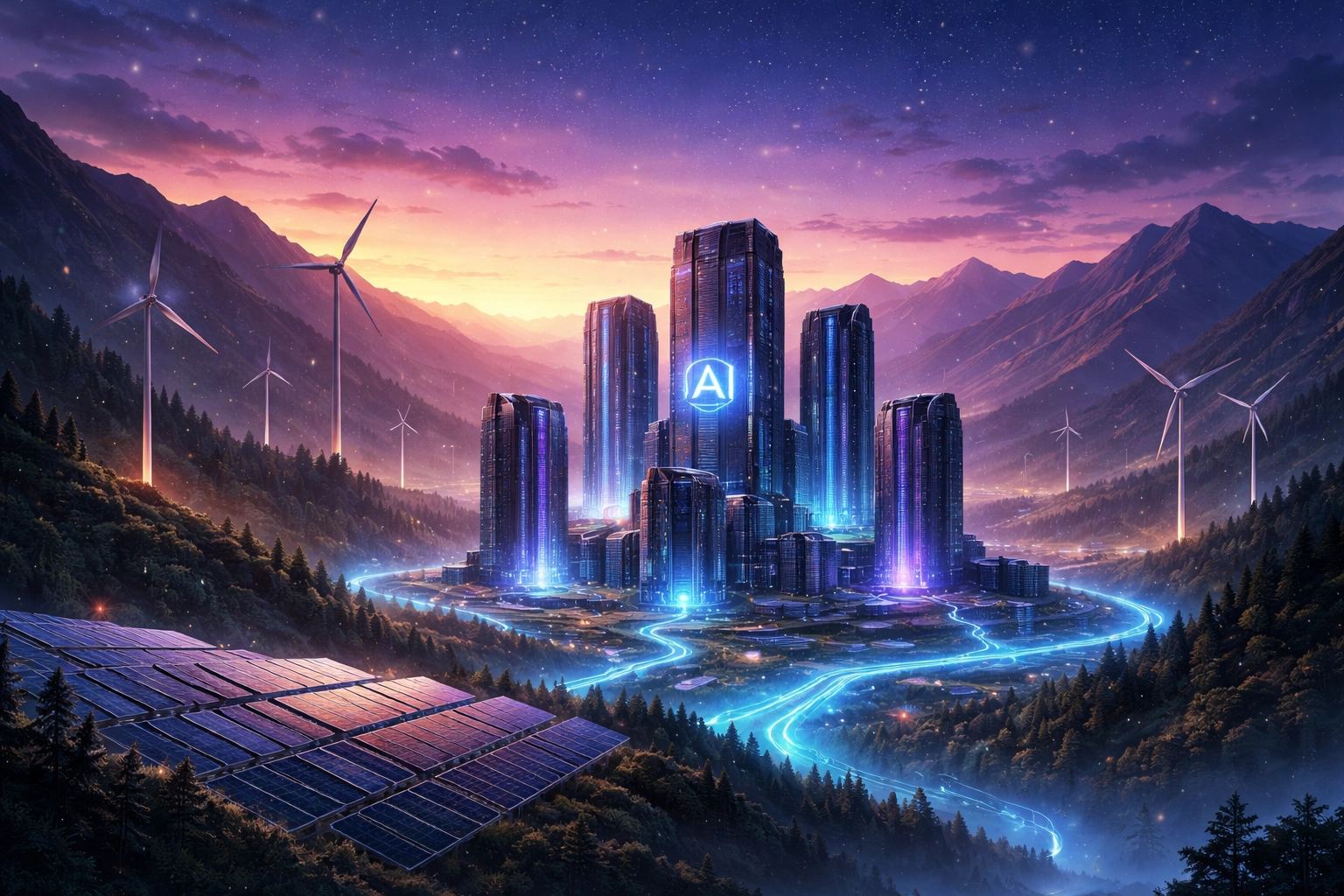 AI-powered data center and renewable energy sources depict the future of infrastructure and private equity innovation.