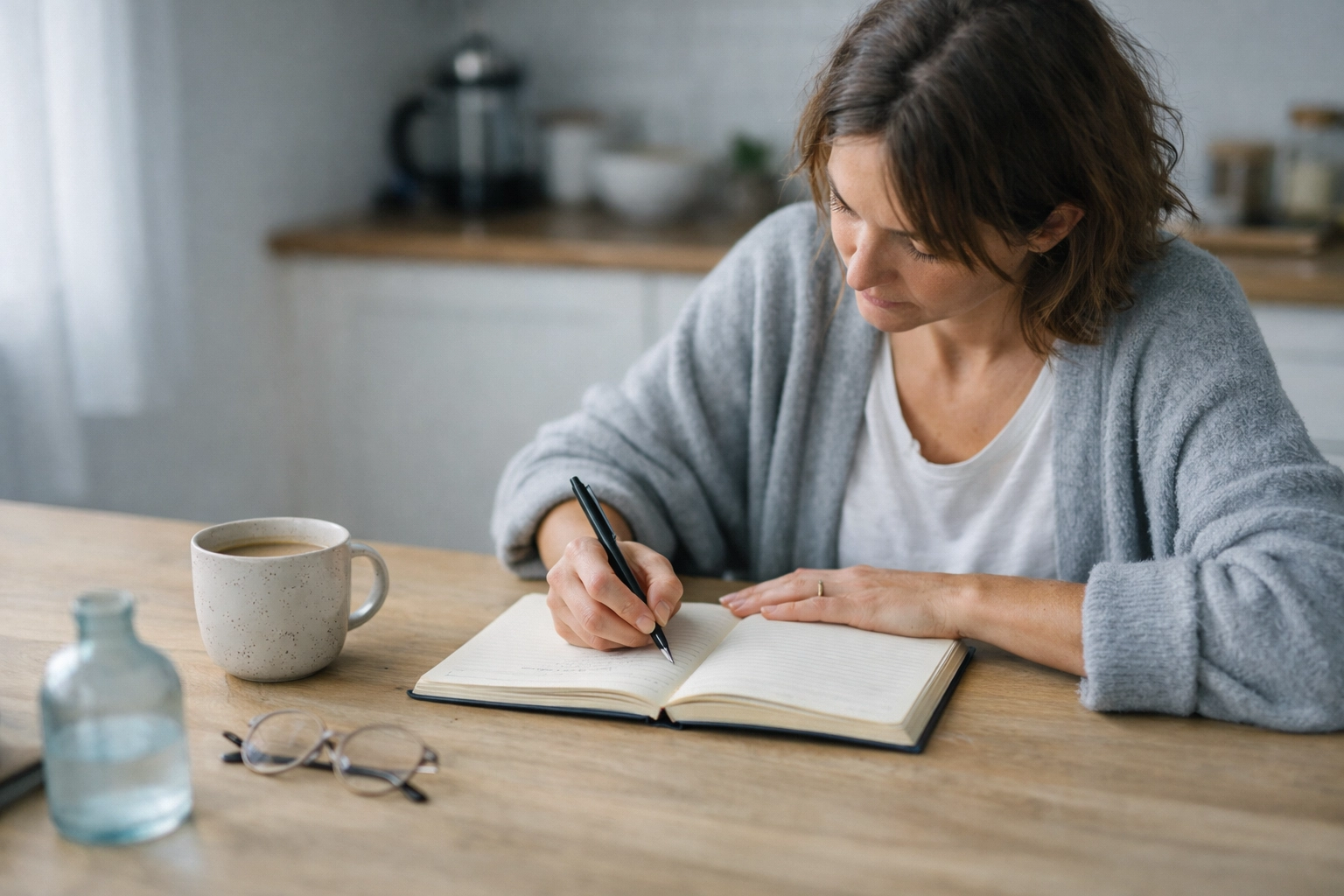 Morning coffee and journal at a kitchen table, real-life recovery routine